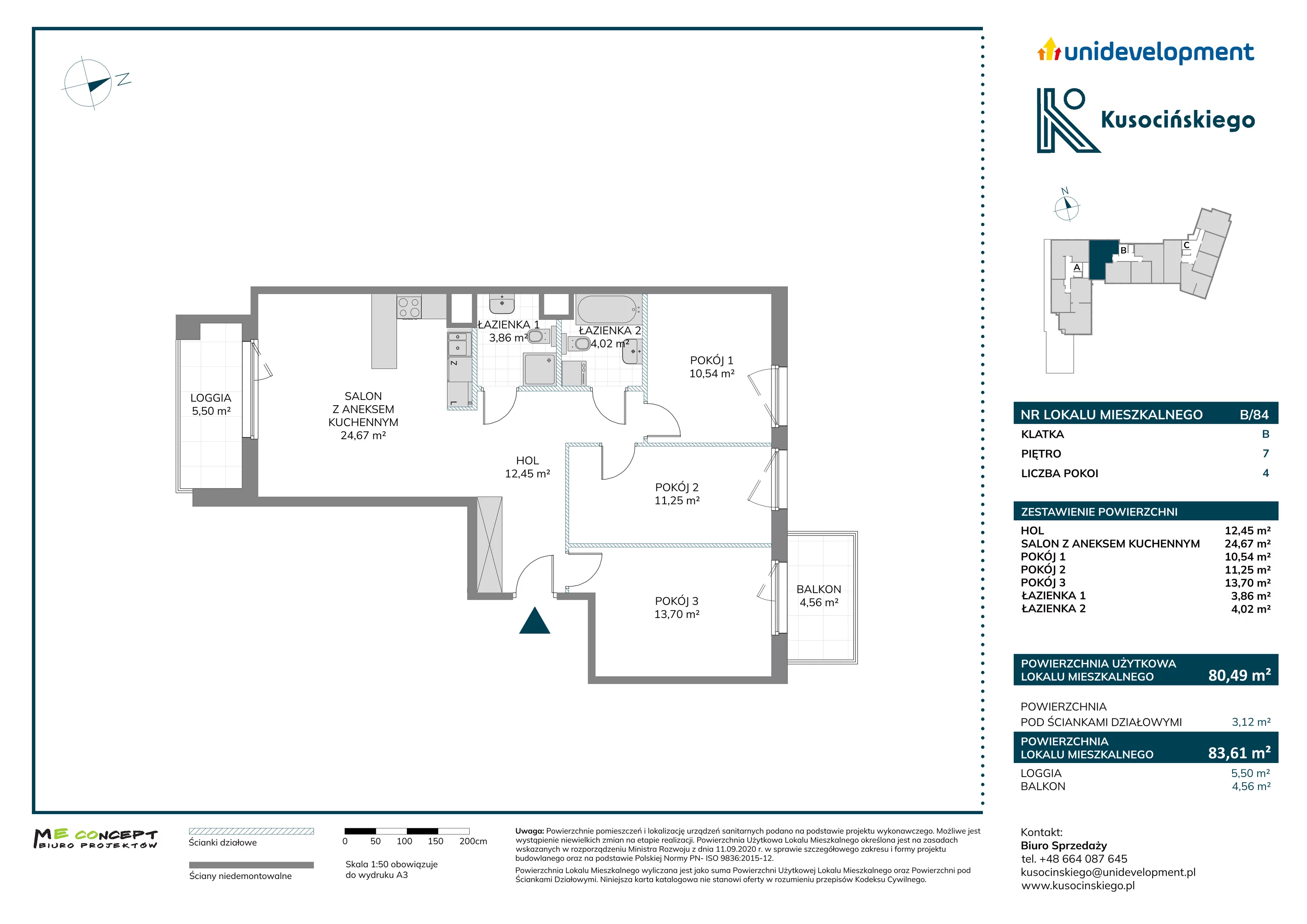 4 pokoje, mieszkanie 83,61 m², piętro 7, oferta nr B/84, Kusocińskiego budynek A, Gdańsk, Piecki-Migowo, Morena, ul. Kusocińskiego