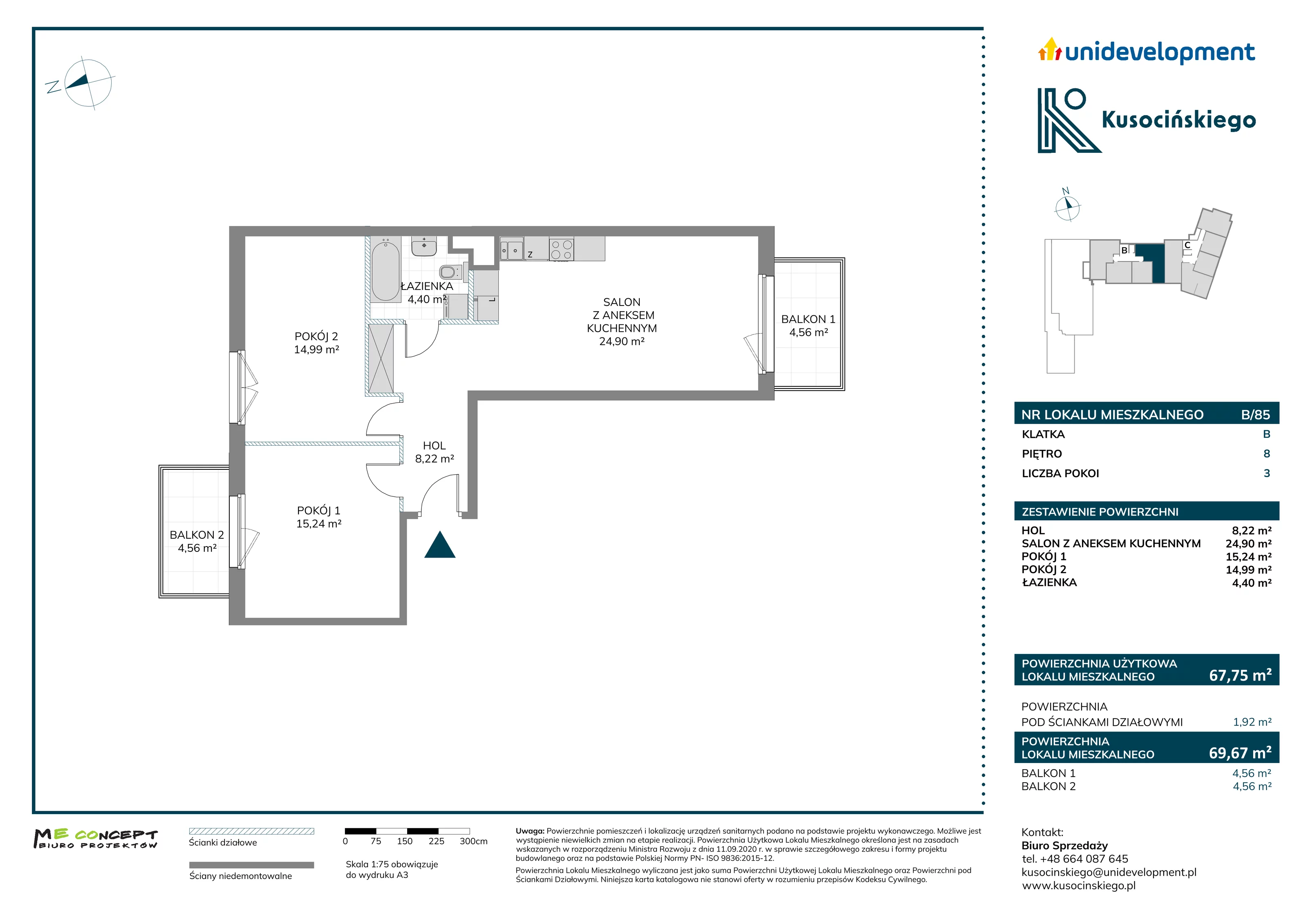 3 pokoje, mieszkanie 69,67 m², piętro 8, oferta nr B/85, Kusocińskiego budynek A, Gdańsk, Piecki-Migowo, Morena, ul. Kusocińskiego