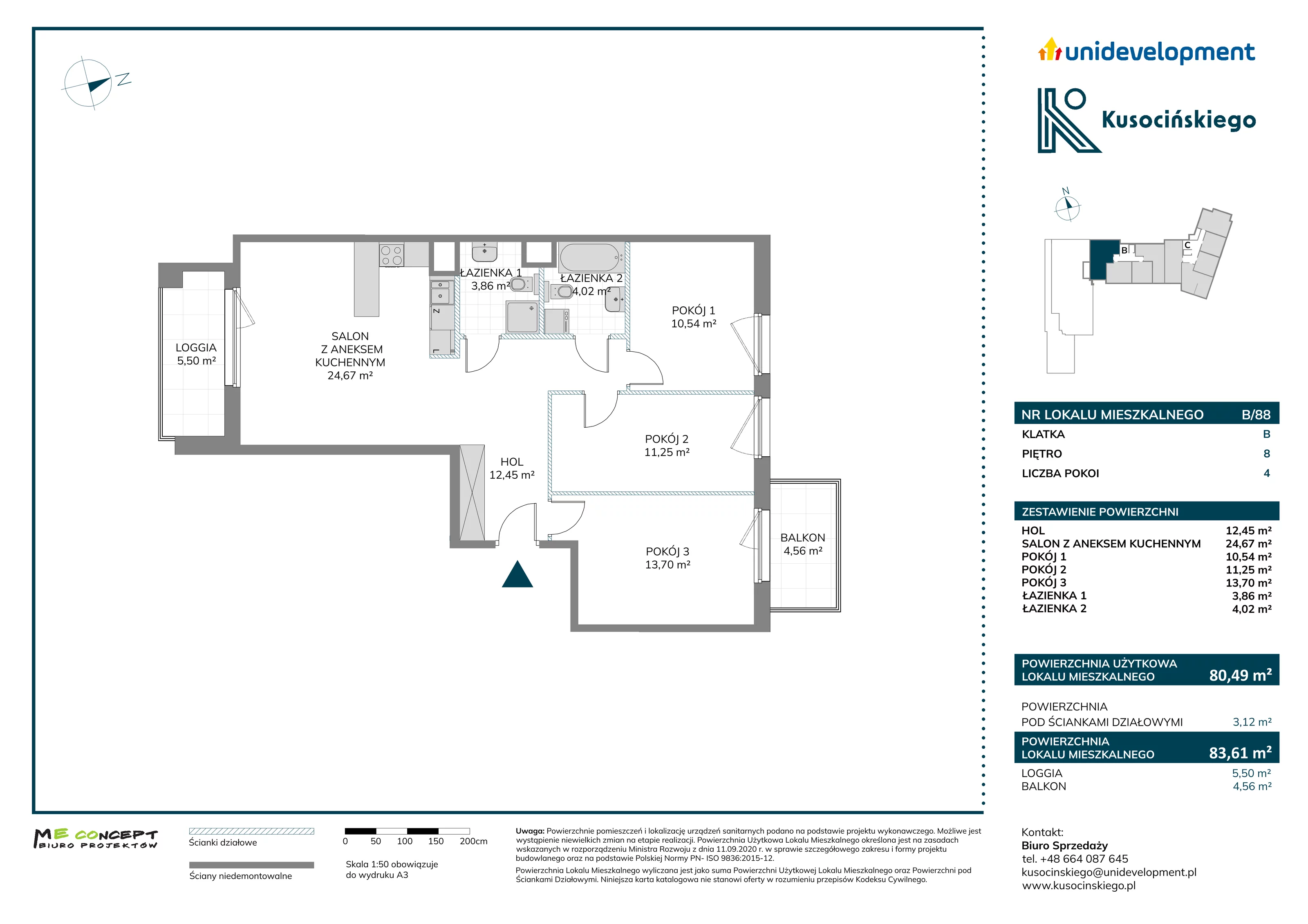 4 pokoje, mieszkanie 83,61 m², piętro 8, oferta nr B/88, Kusocińskiego budynek A, Gdańsk, Piecki-Migowo, Morena, ul. Kusocińskiego