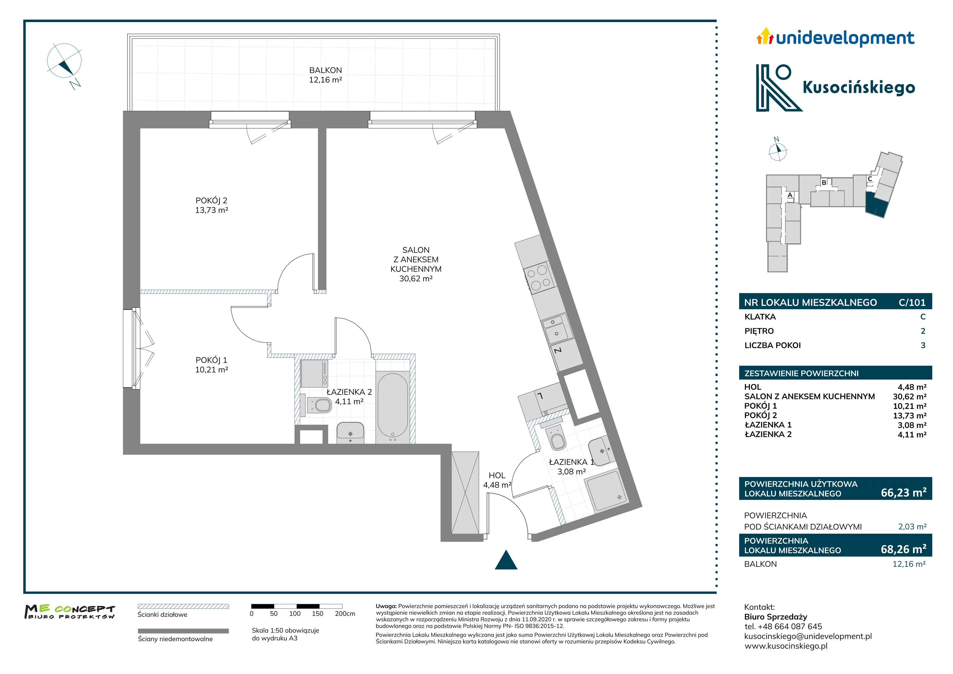 3 pokoje, mieszkanie 68,26 m², piętro 2, oferta nr C/101, Kusocińskiego budynek A, Gdańsk, Piecki-Migowo, Morena, ul. Kusocińskiego