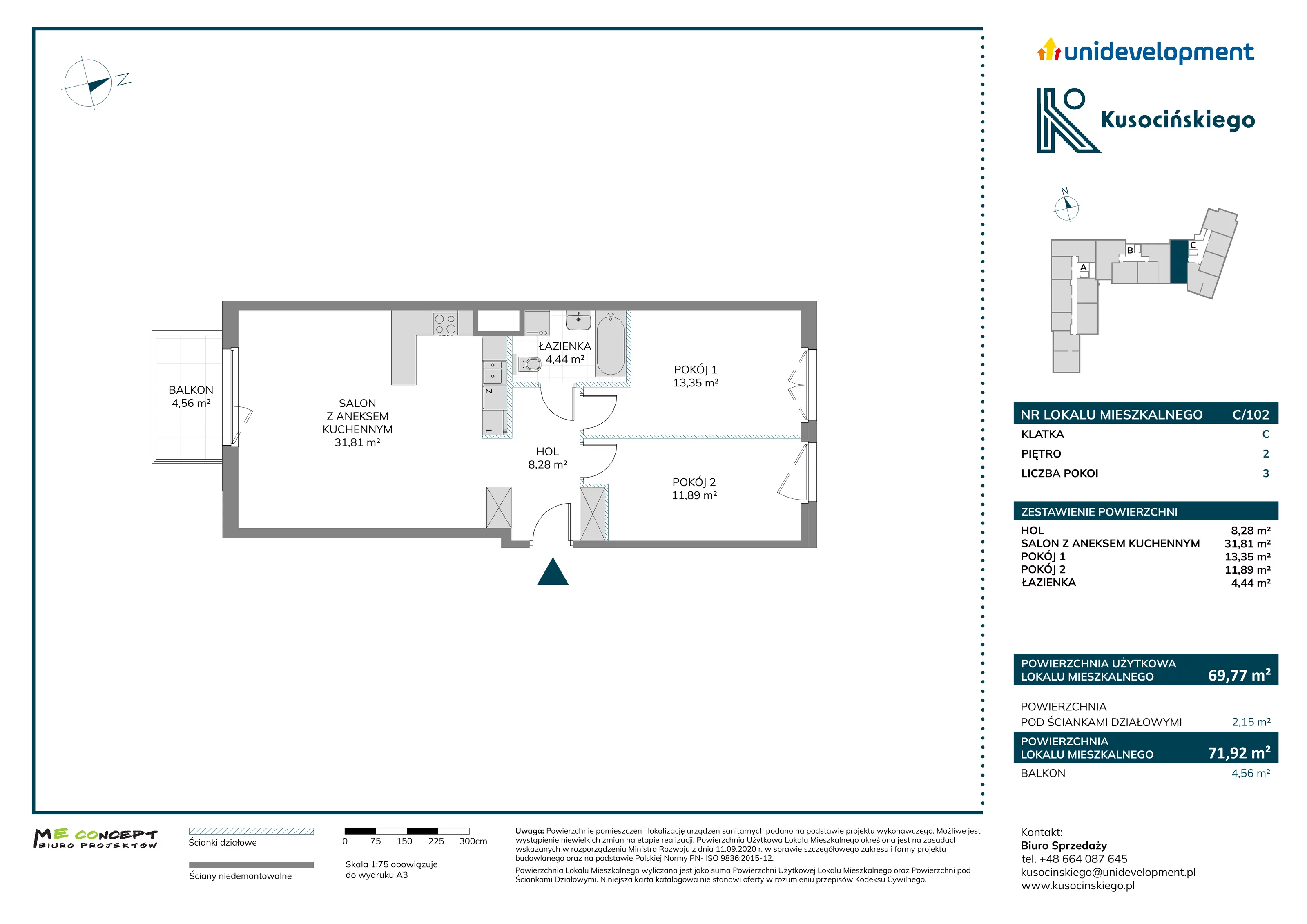 3 pokoje, mieszkanie 71,92 m², piętro 2, oferta nr C/102, Kusocińskiego budynek A, Gdańsk, Piecki-Migowo, Morena, ul. Kusocińskiego