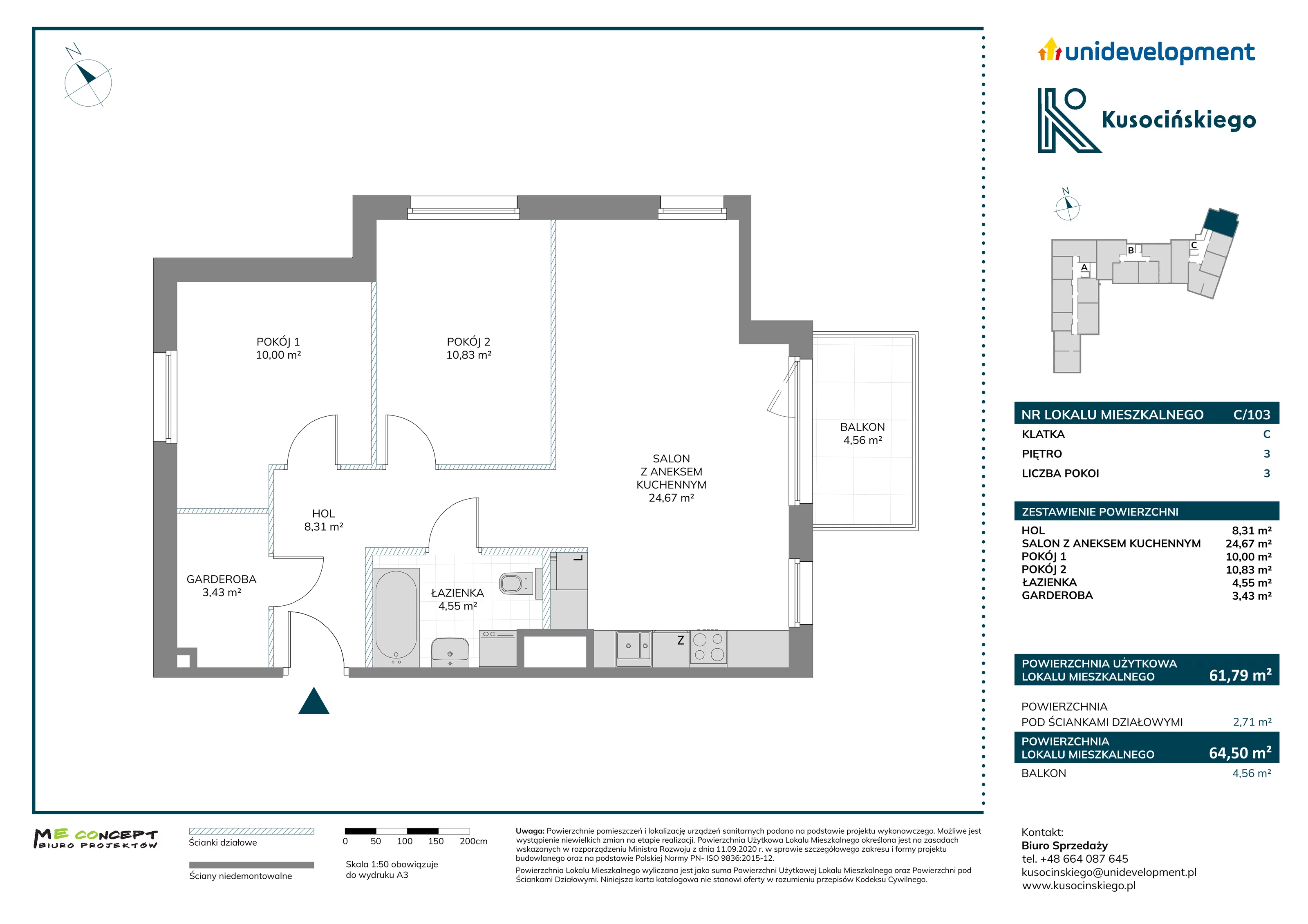 3 pokoje, mieszkanie 64,50 m², piętro 3, oferta nr C/103, Kusocińskiego budynek A, Gdańsk, Piecki-Migowo, Morena, ul. Kusocińskiego