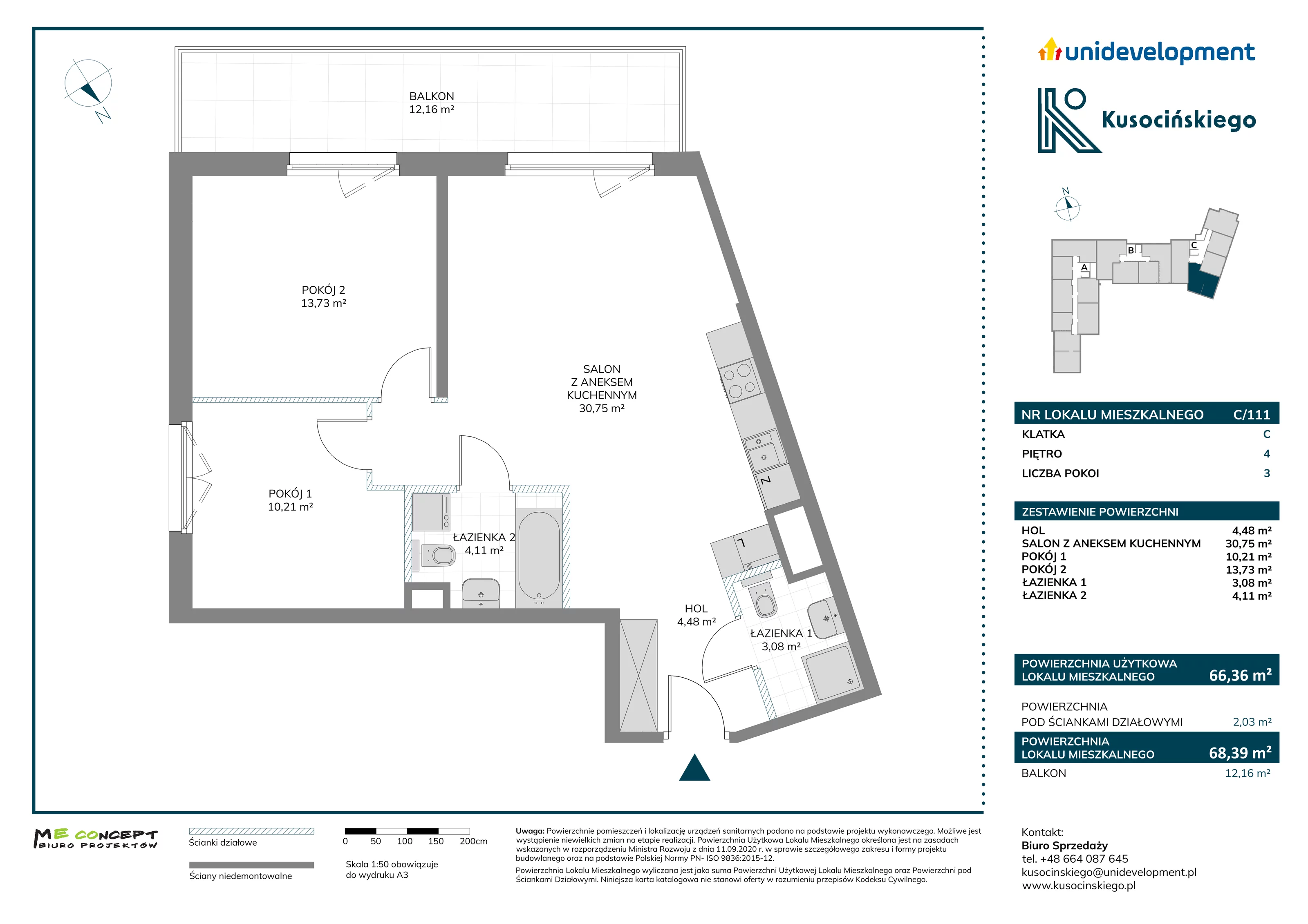 3 pokoje, mieszkanie 68,39 m², piętro 4, oferta nr C/111, Kusocińskiego budynek A, Gdańsk, Piecki-Migowo, Morena, ul. Kusocińskiego