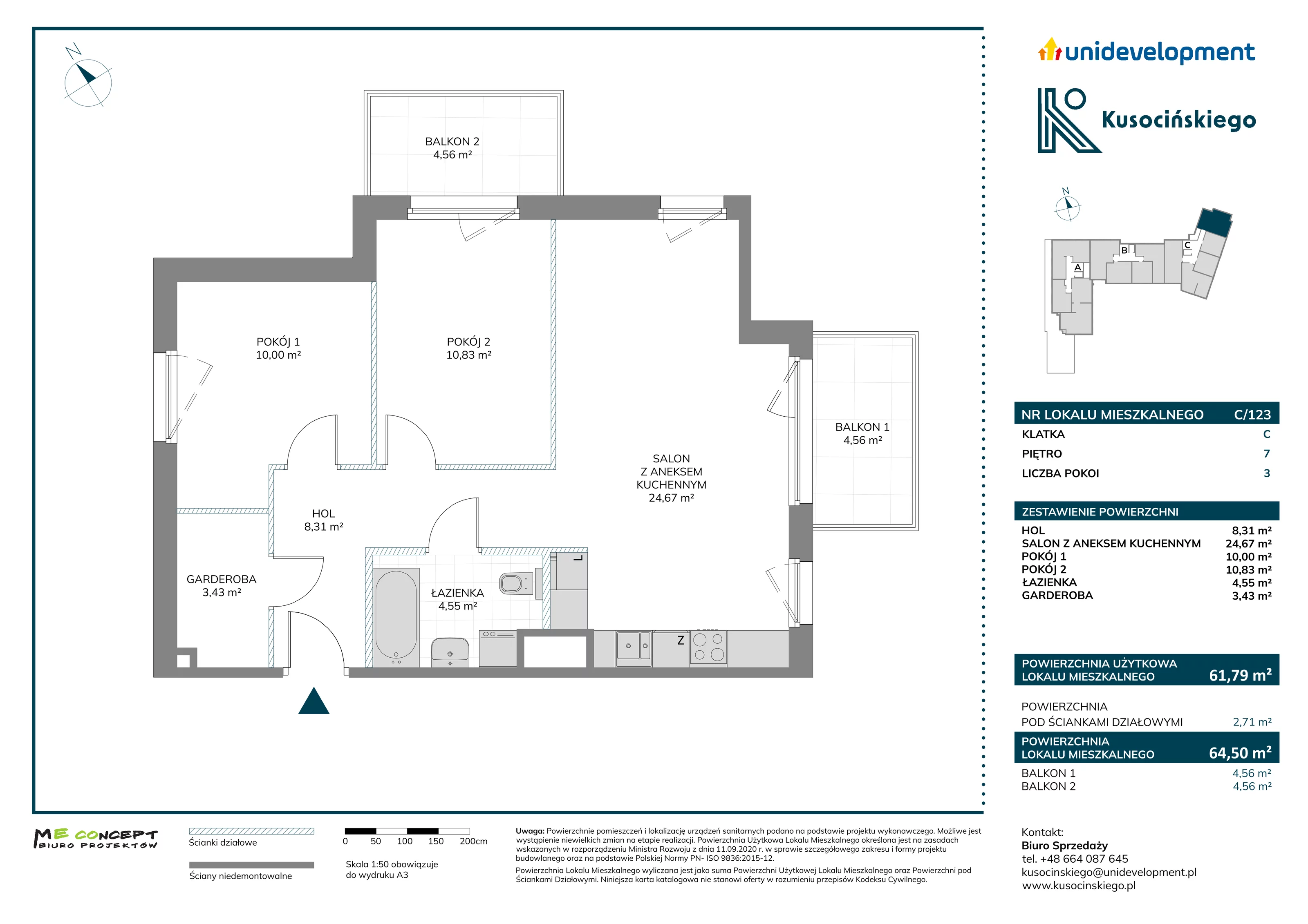 3 pokoje, mieszkanie 64,50 m², piętro 7, oferta nr C/123, Kusocińskiego budynek A, Gdańsk, Piecki-Migowo, Morena, ul. Kusocińskiego