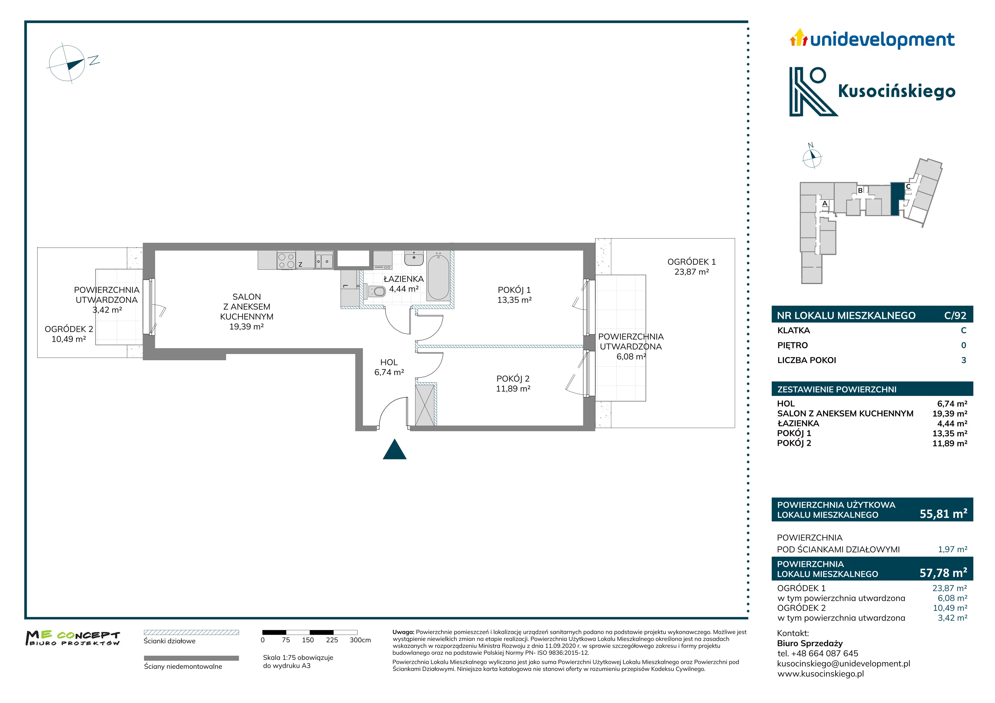 3 pokoje, mieszkanie 57,78 m², parter, oferta nr C/92, Kusocińskiego budynek A, Gdańsk, Piecki-Migowo, Morena, ul. Kusocińskiego