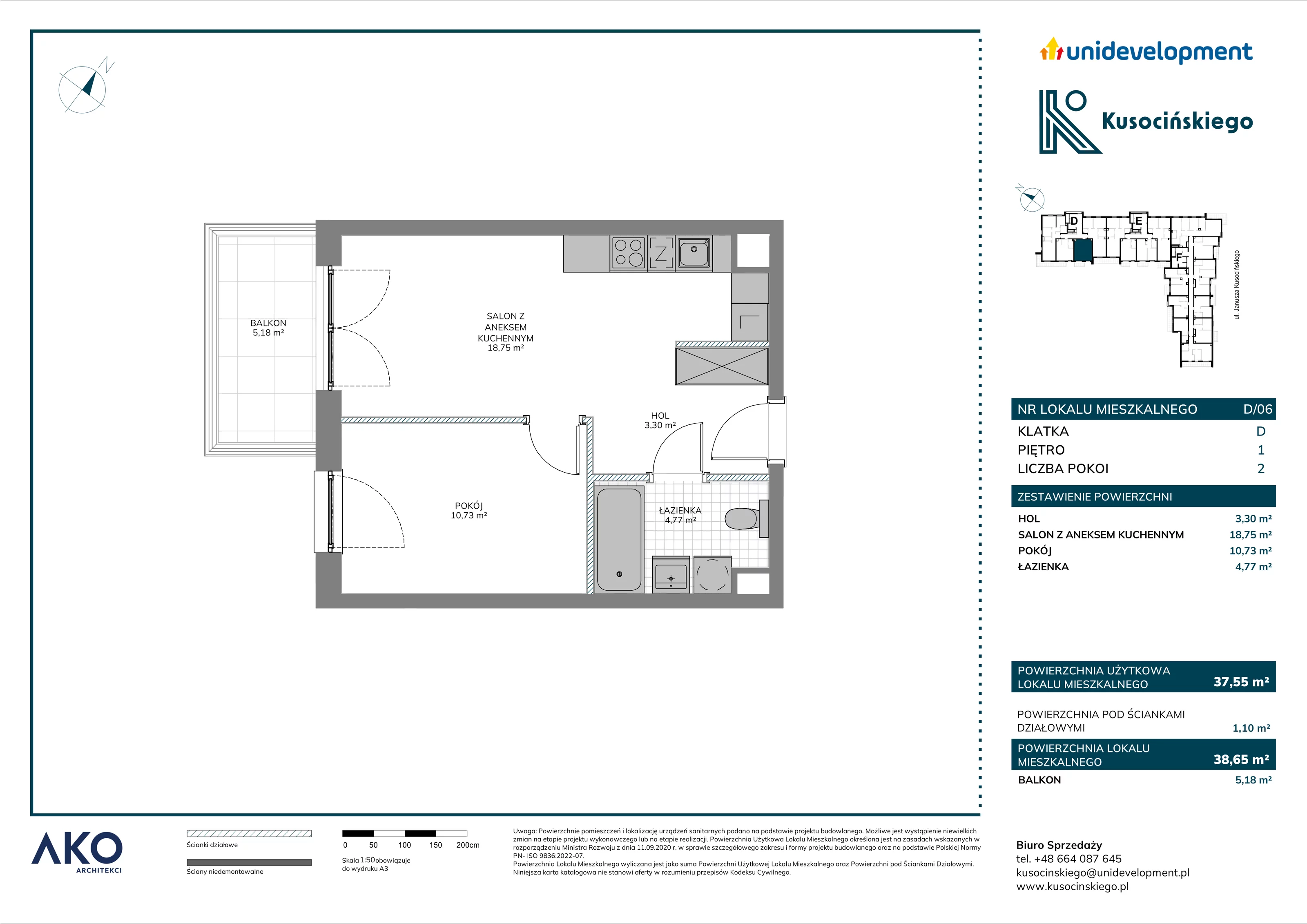 2 pokoje, mieszkanie 38,65 m², piętro 1, oferta nr D/6, Kusocińskiego budynek B, Gdańsk, Piecki-Migowo, Morena, ul. Kusocińskiego