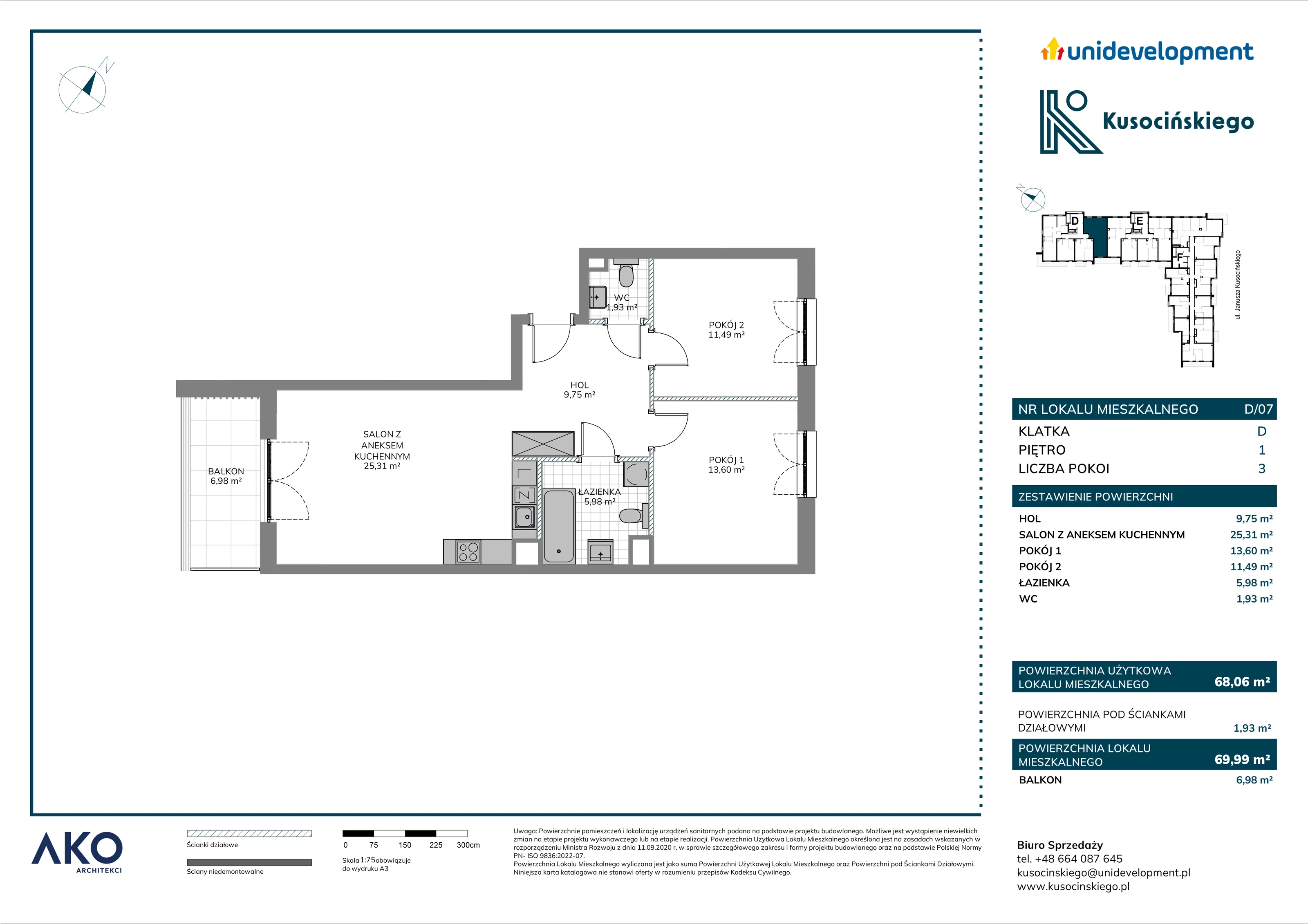 3 pokoje, mieszkanie 69,99 m², piętro 1, oferta nr D/7, Kusocińskiego budynek B, Gdańsk, Piecki-Migowo, Morena, ul. Kusocińskiego