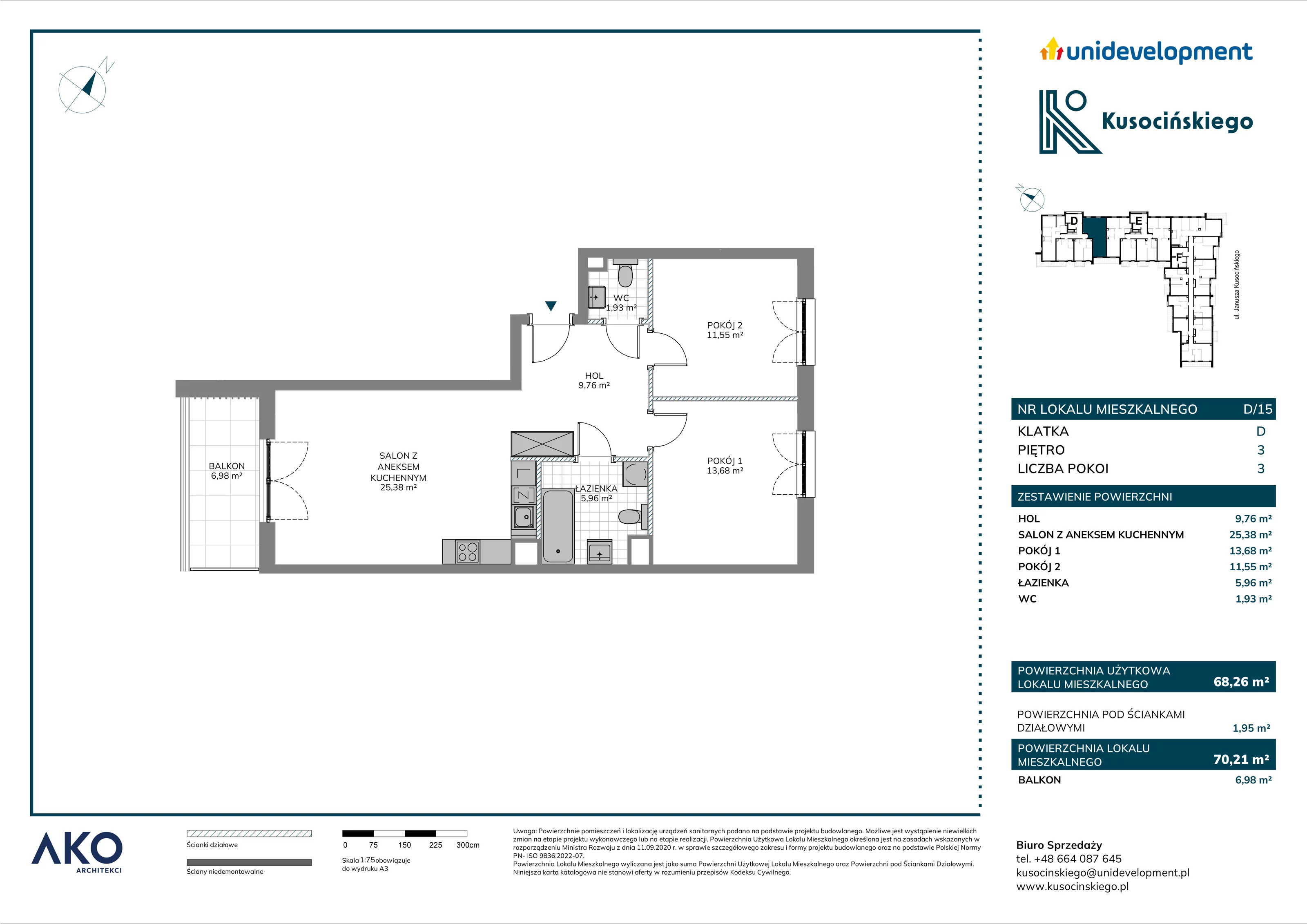 3 pokoje, mieszkanie 70,21 m², piętro 3, oferta nr D/15, Kusocińskiego budynek B, Gdańsk, Piecki-Migowo, Morena, ul. Kusocińskiego