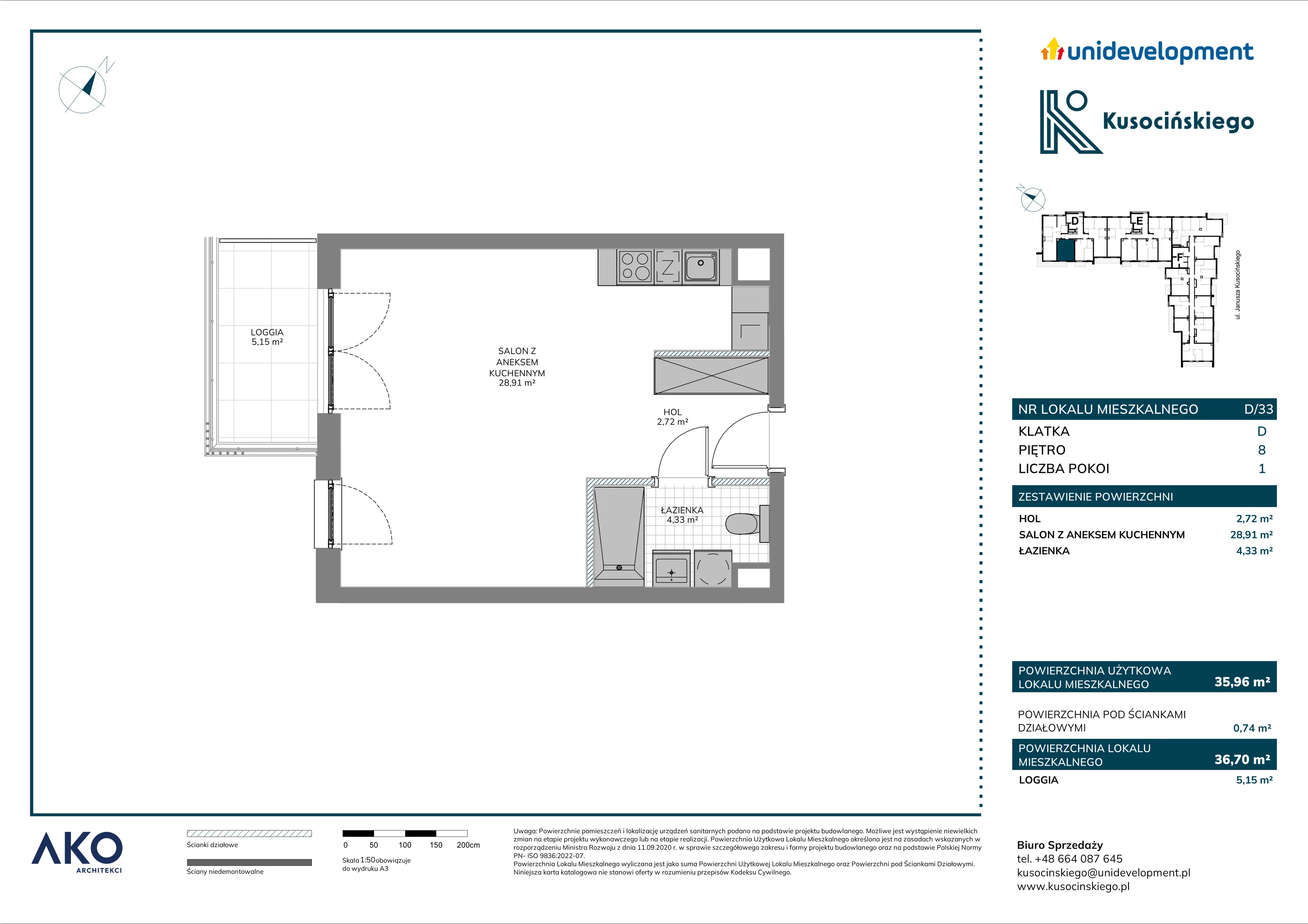 1 pokój, mieszkanie 36,70 m², piętro 8, oferta nr D/33, Kusocińskiego budynek B, Gdańsk, Piecki-Migowo, Morena, ul. Kusocińskiego