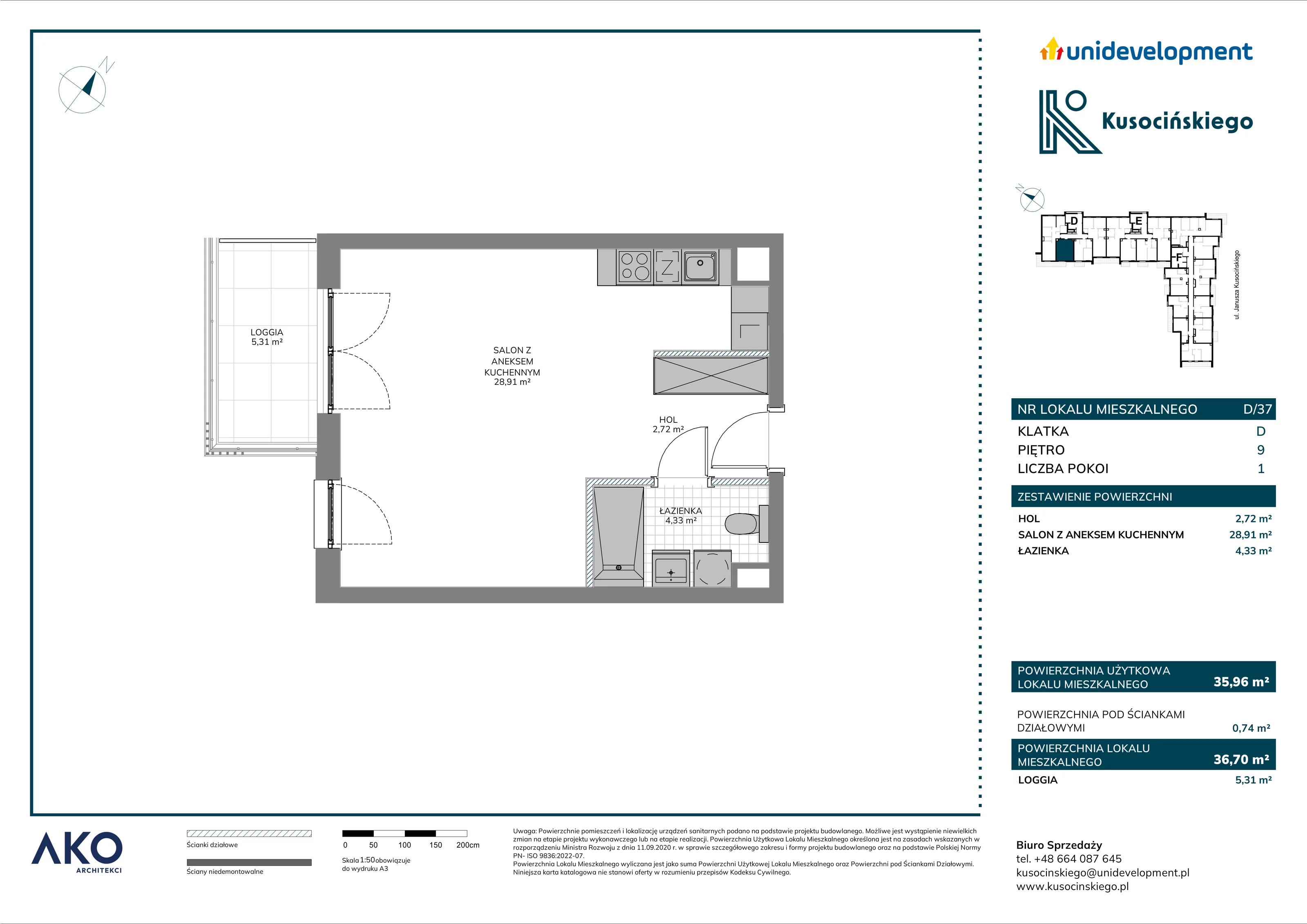 1 pokój, mieszkanie 36,70 m², piętro 9, oferta nr D/37, Kusocińskiego budynek B, Gdańsk, Piecki-Migowo, Morena, ul. Kusocińskiego