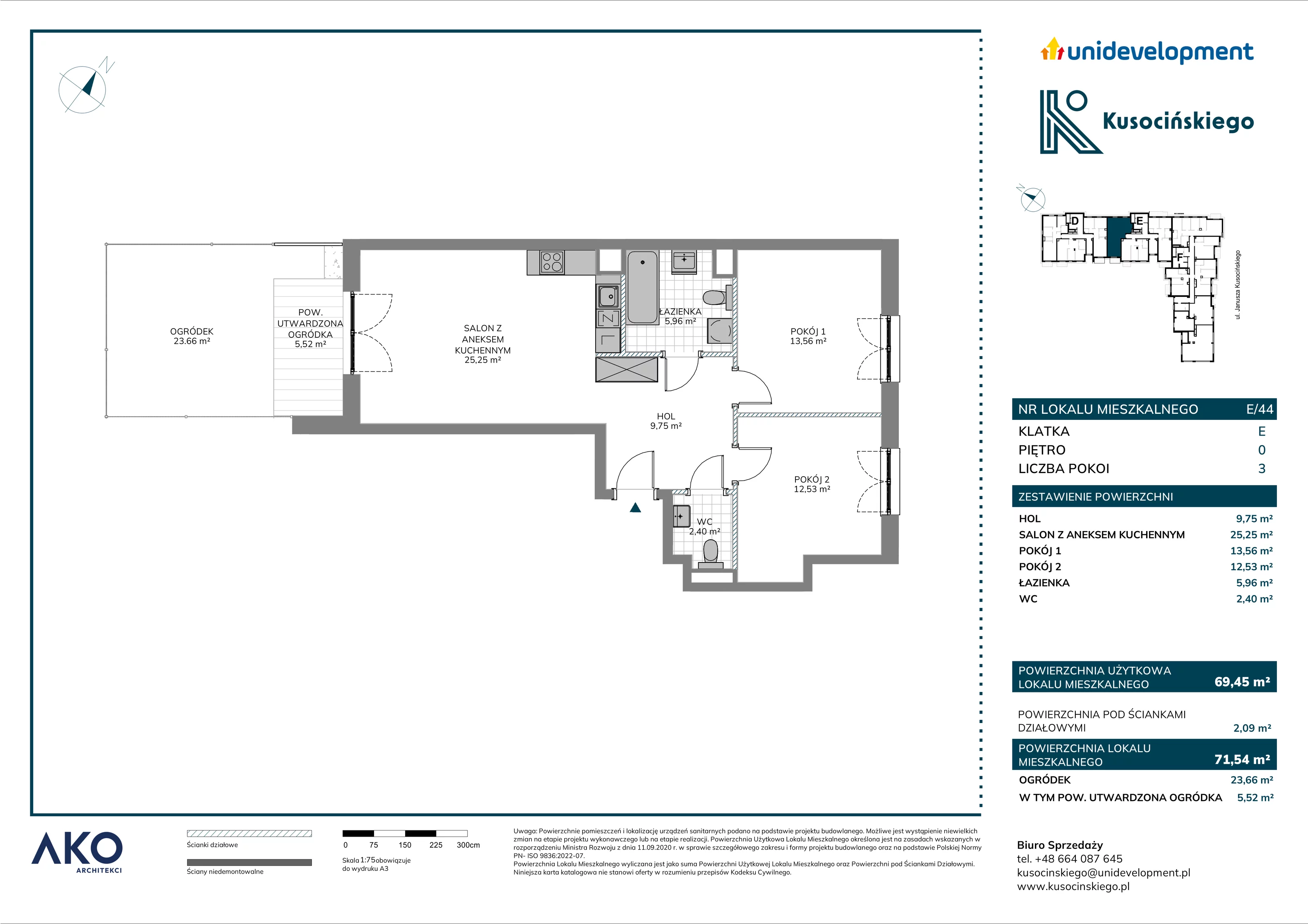 3 pokoje, mieszkanie 71,54 m², parter, oferta nr E/44, Kusocińskiego budynek B, Gdańsk, Piecki-Migowo, Morena, ul. Kusocińskiego