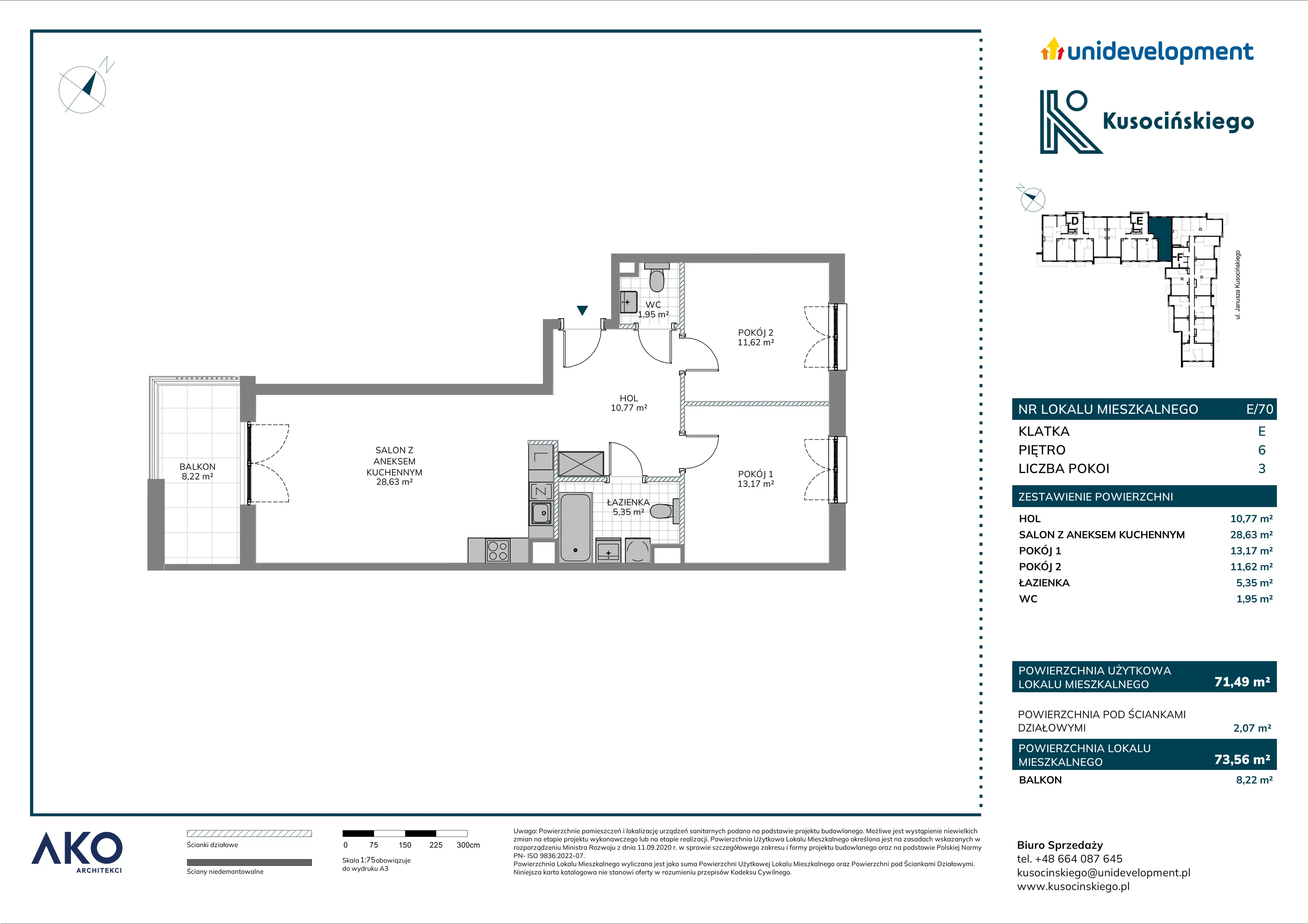 3 pokoje, mieszkanie 73,56 m², piętro 6, oferta nr E/70, Kusocińskiego budynek B, Gdańsk, Piecki-Migowo, Morena, ul. Kusocińskiego