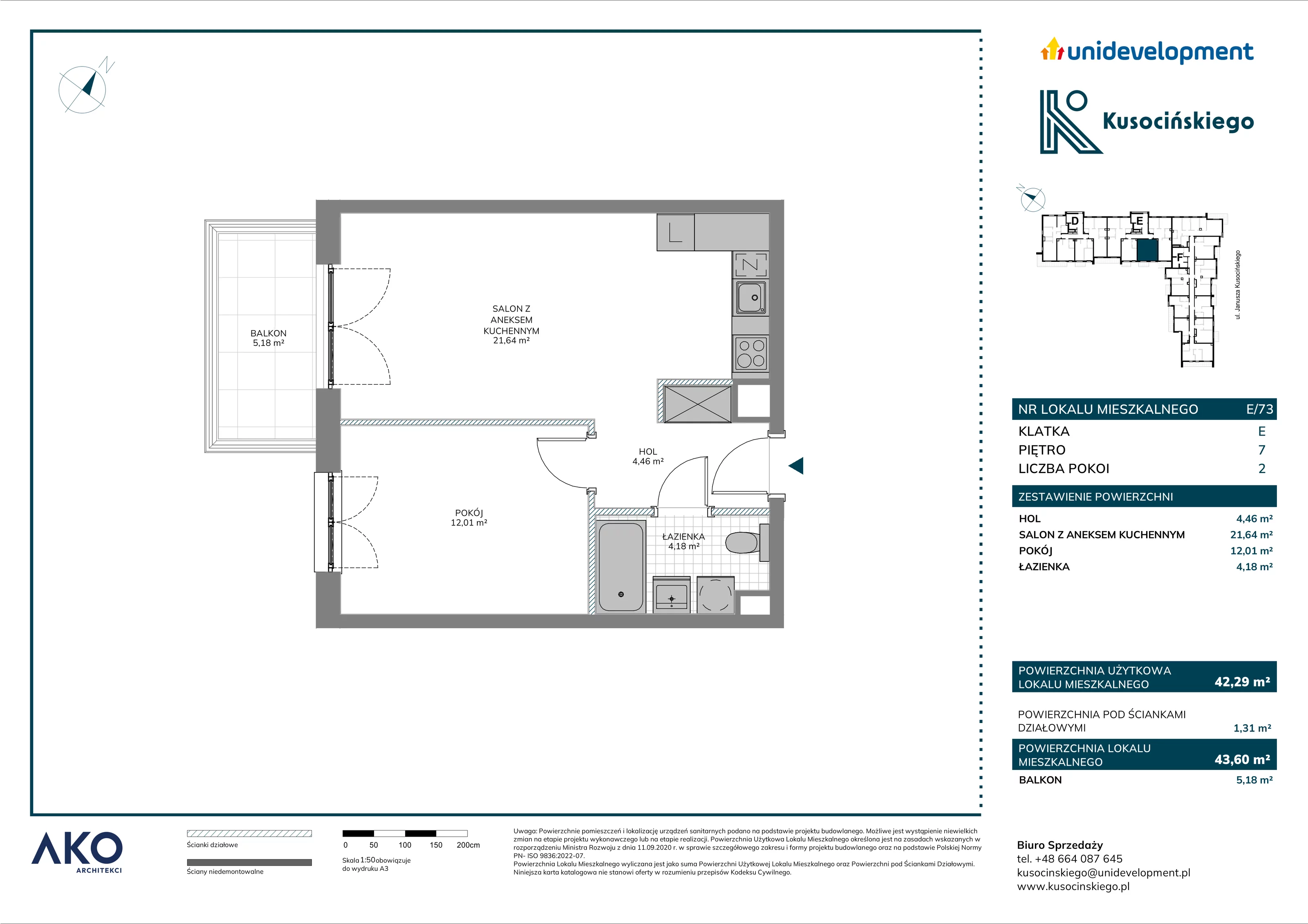 2 pokoje, mieszkanie 43,60 m², piętro 7, oferta nr E/73, Kusocińskiego budynek B, Gdańsk, Piecki-Migowo, Morena, ul. Kusocińskiego