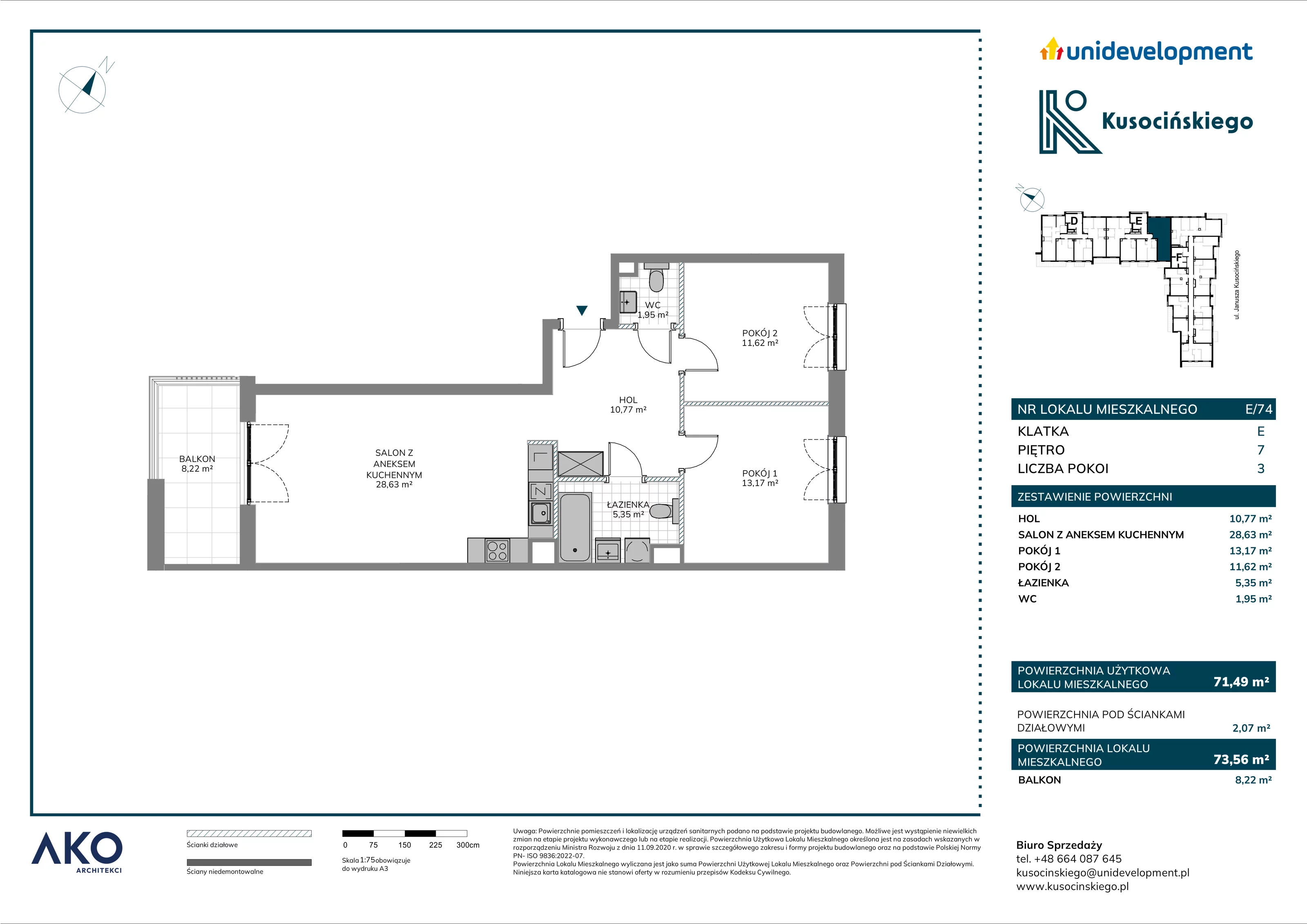 3 pokoje, mieszkanie 73,56 m², piętro 7, oferta nr E/74, Kusocińskiego budynek B, Gdańsk, Piecki-Migowo, Morena, ul. Kusocińskiego