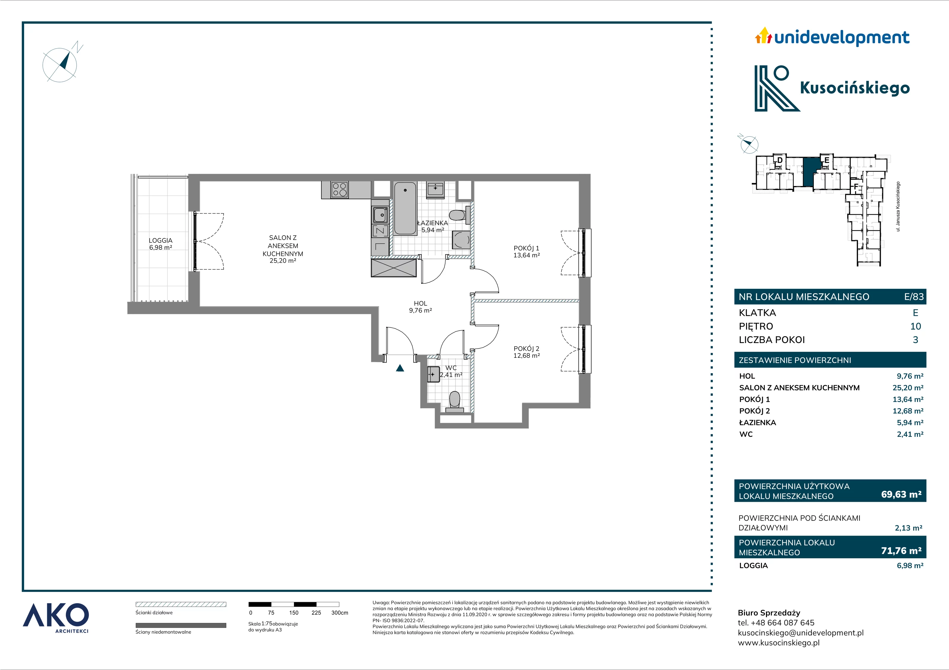 3 pokoje, mieszkanie 71,76 m², piętro 10, oferta nr E/83, Kusocińskiego budynek B, Gdańsk, Piecki-Migowo, Morena, ul. Kusocińskiego