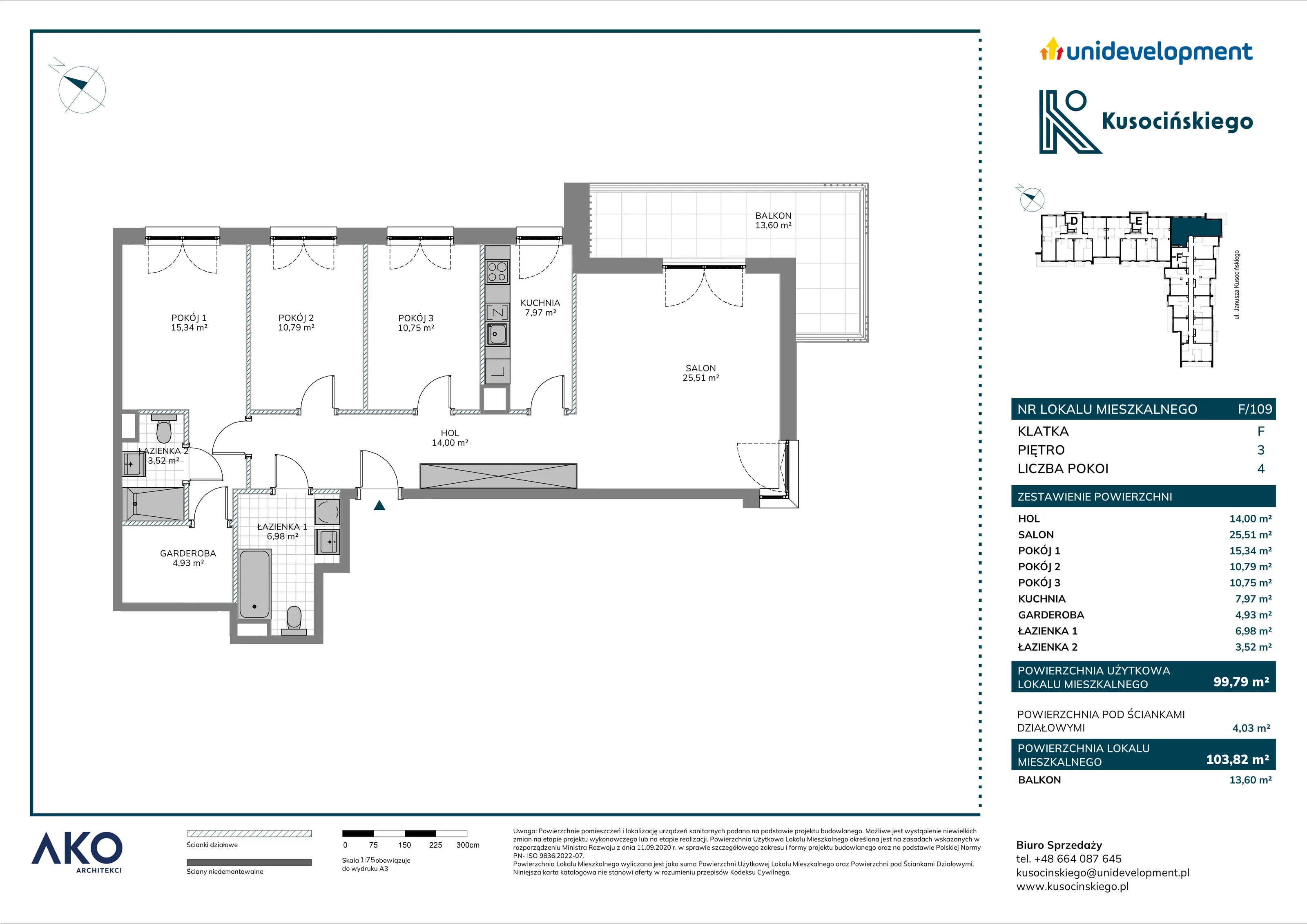 4 pokoje, mieszkanie 103,82 m², piętro 3, oferta nr F/109, Kusocińskiego budynek B, Gdańsk, Piecki-Migowo, Morena, ul. Kusocińskiego