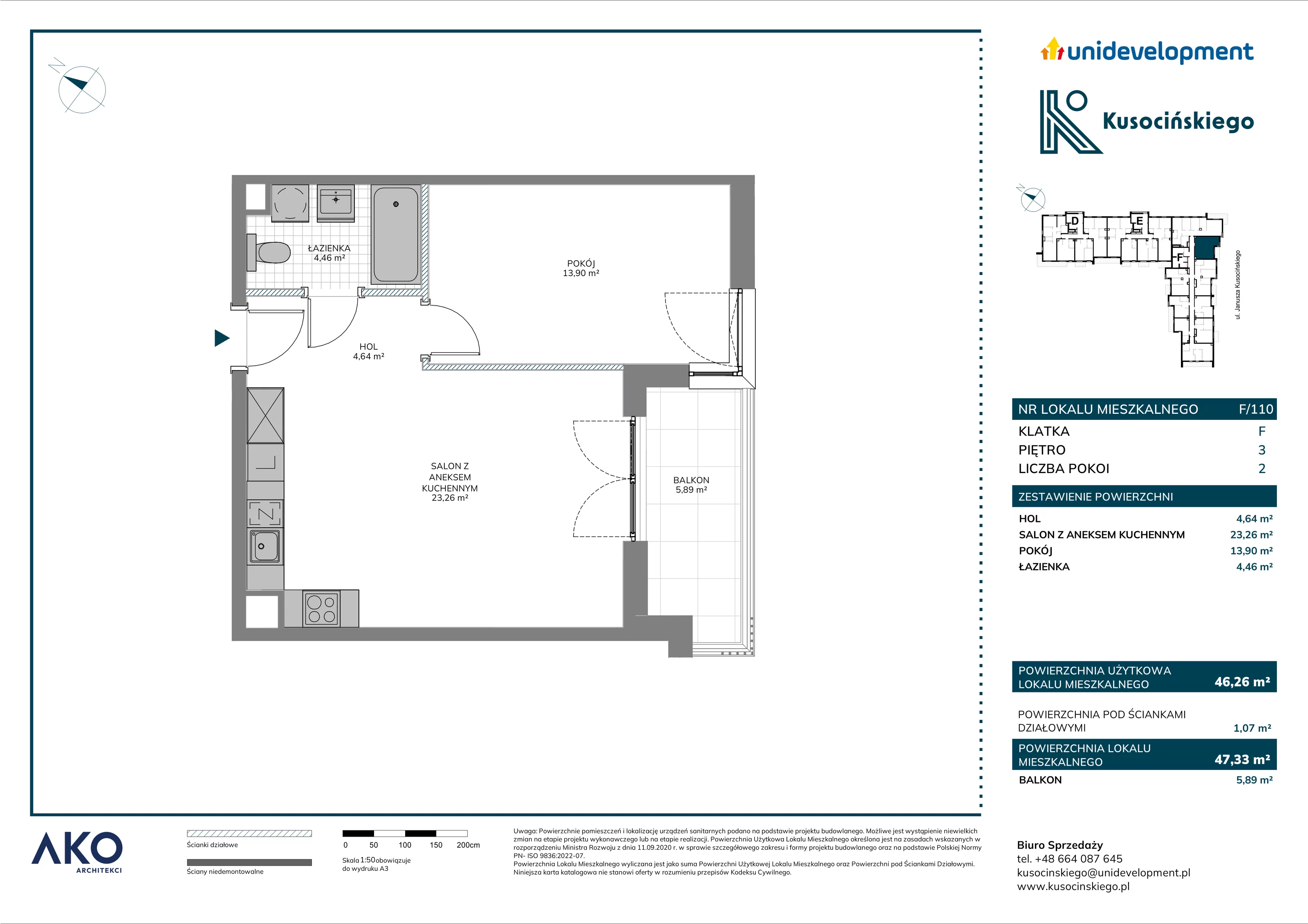 2 pokoje, mieszkanie 47,33 m², piętro 3, oferta nr F/110, Kusocińskiego budynek B, Gdańsk, Piecki-Migowo, Morena, ul. Kusocińskiego