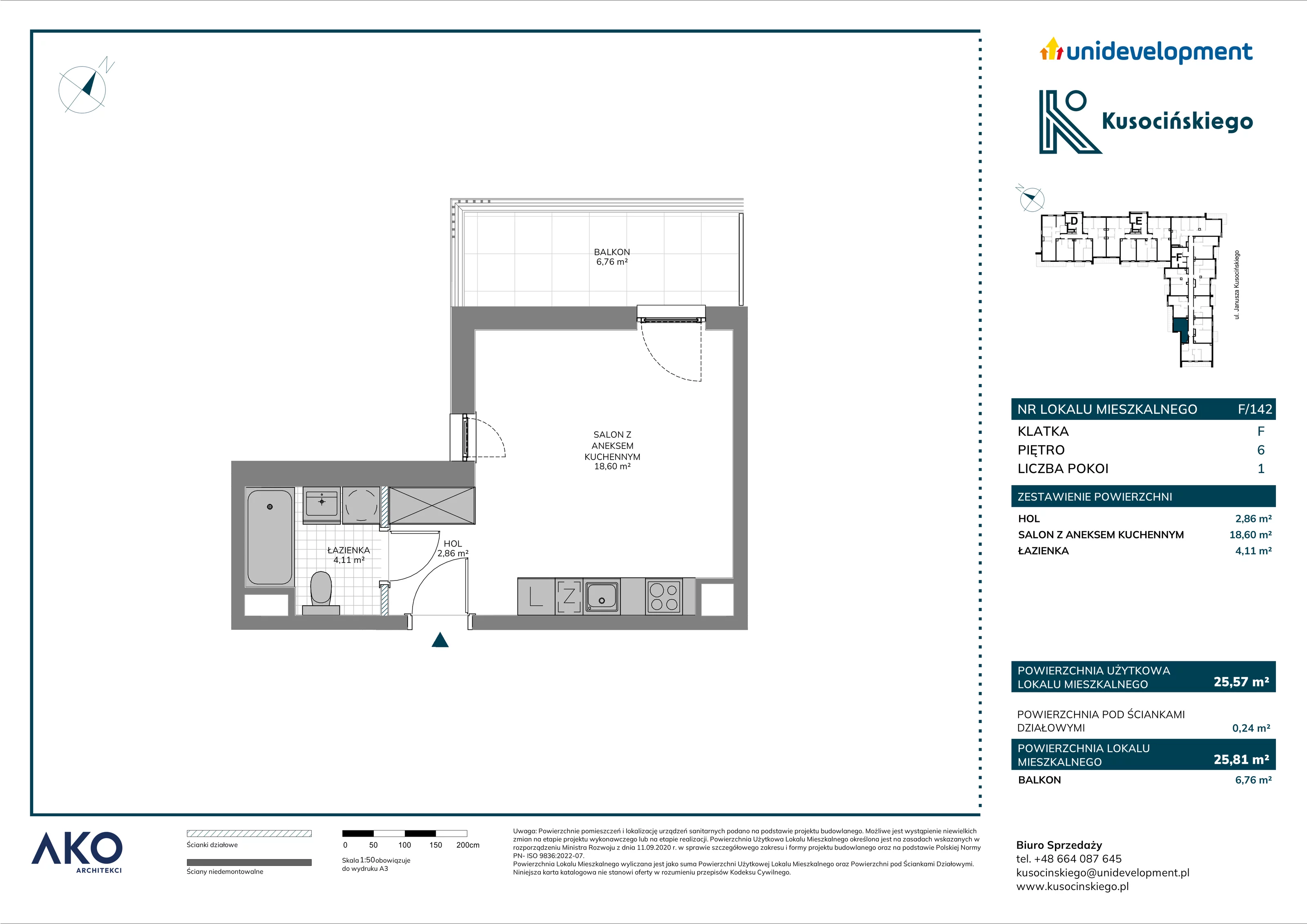 1 pokój, mieszkanie 25,81 m², piętro 6, oferta nr F/142, Kusocińskiego budynek B, Gdańsk, Piecki-Migowo, Morena, ul. Kusocińskiego