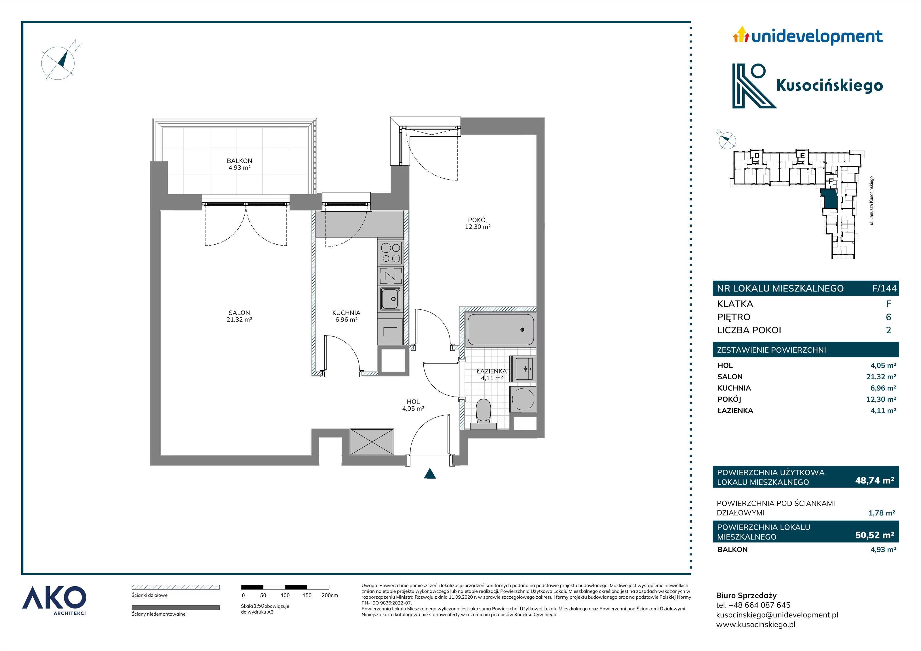 2 pokoje, mieszkanie 50,52 m², piętro 6, oferta nr F/144, Kusocińskiego budynek B, Gdańsk, Piecki-Migowo, Morena, ul. Kusocińskiego