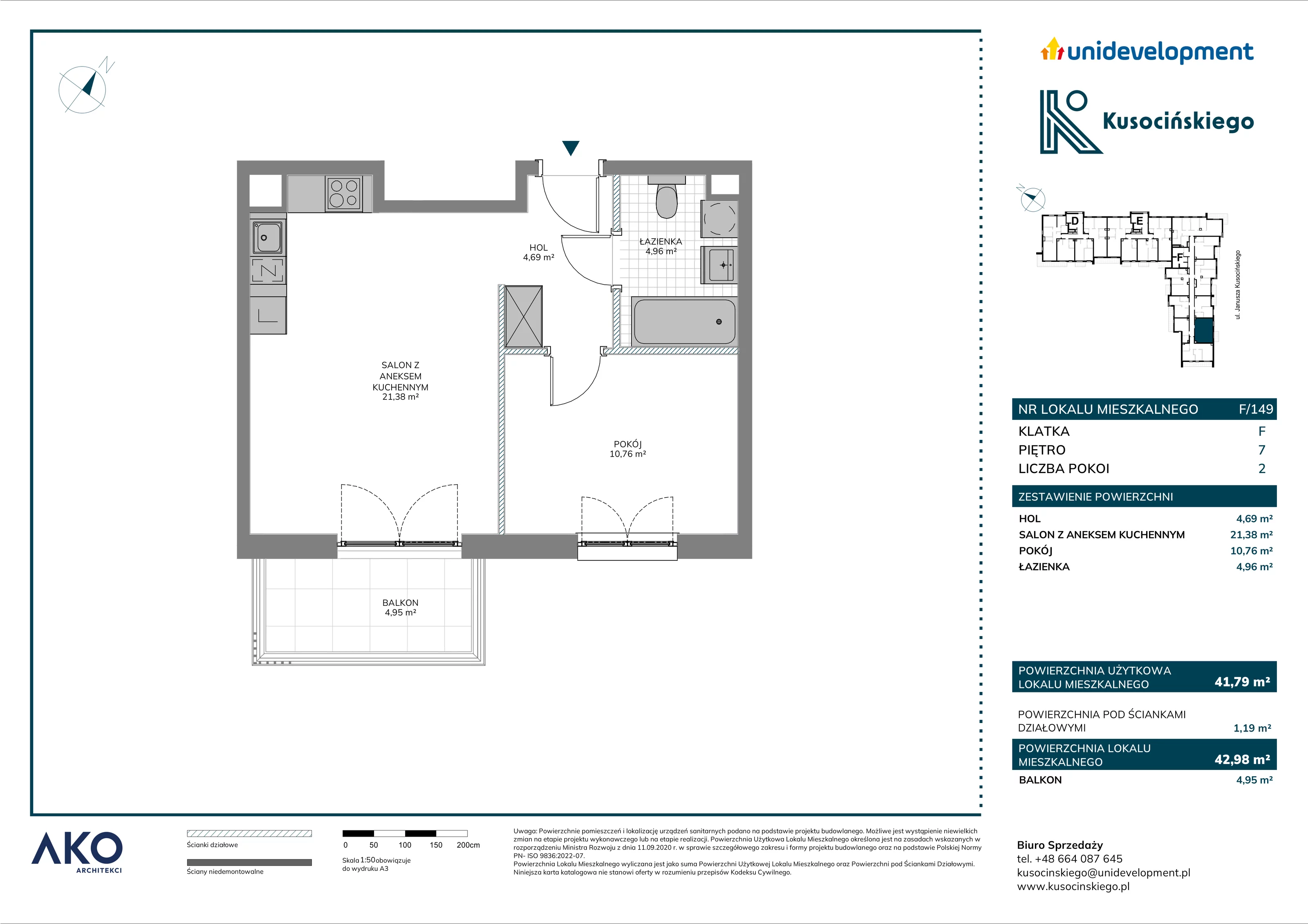 2 pokoje, mieszkanie 42,98 m², piętro 7, oferta nr F/149, Kusocińskiego budynek B, Gdańsk, Piecki-Migowo, Morena, ul. Kusocińskiego