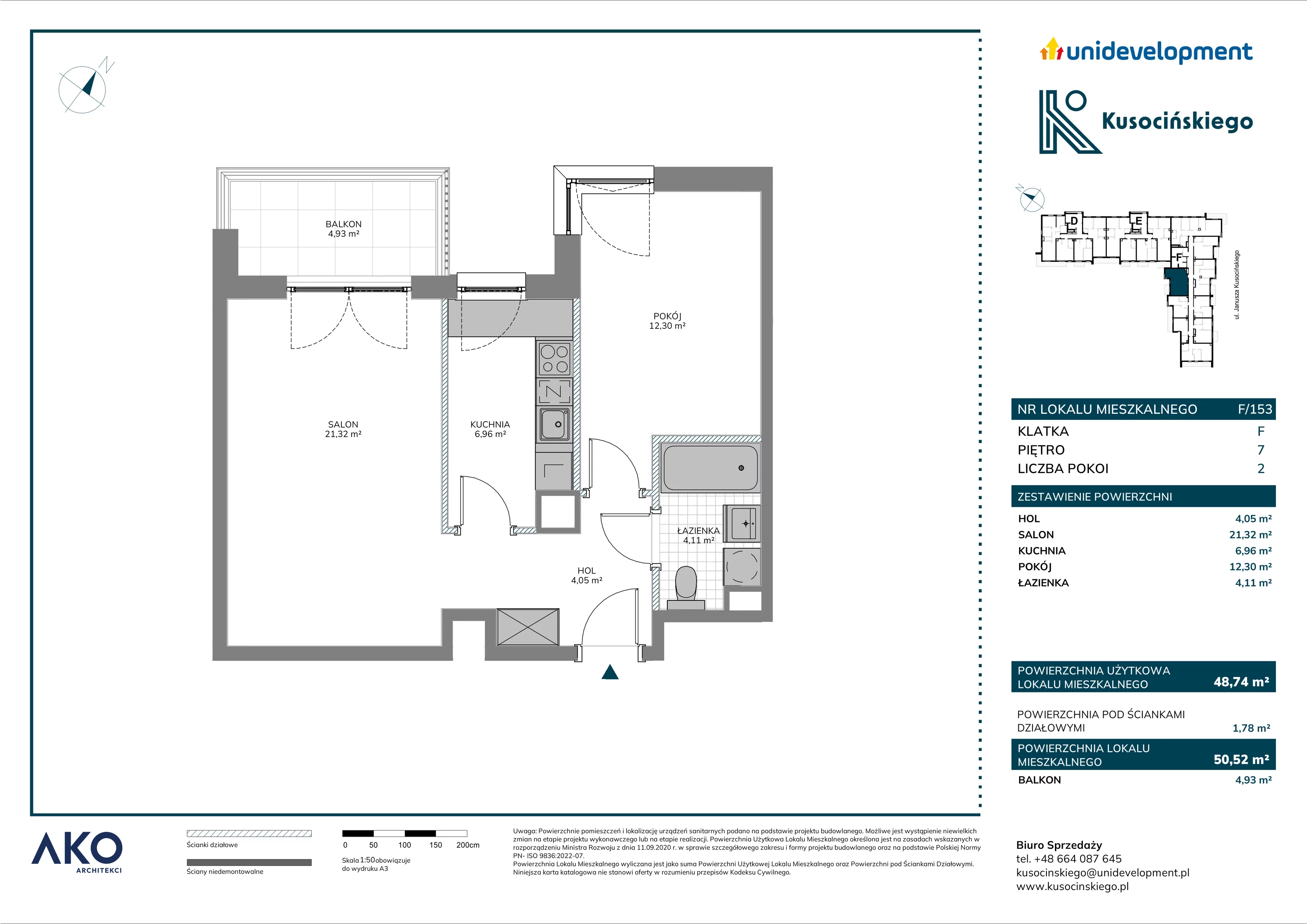 2 pokoje, mieszkanie 50,52 m², piętro 7, oferta nr F/153, Kusocińskiego budynek B, Gdańsk, Piecki-Migowo, Morena, ul. Kusocińskiego
