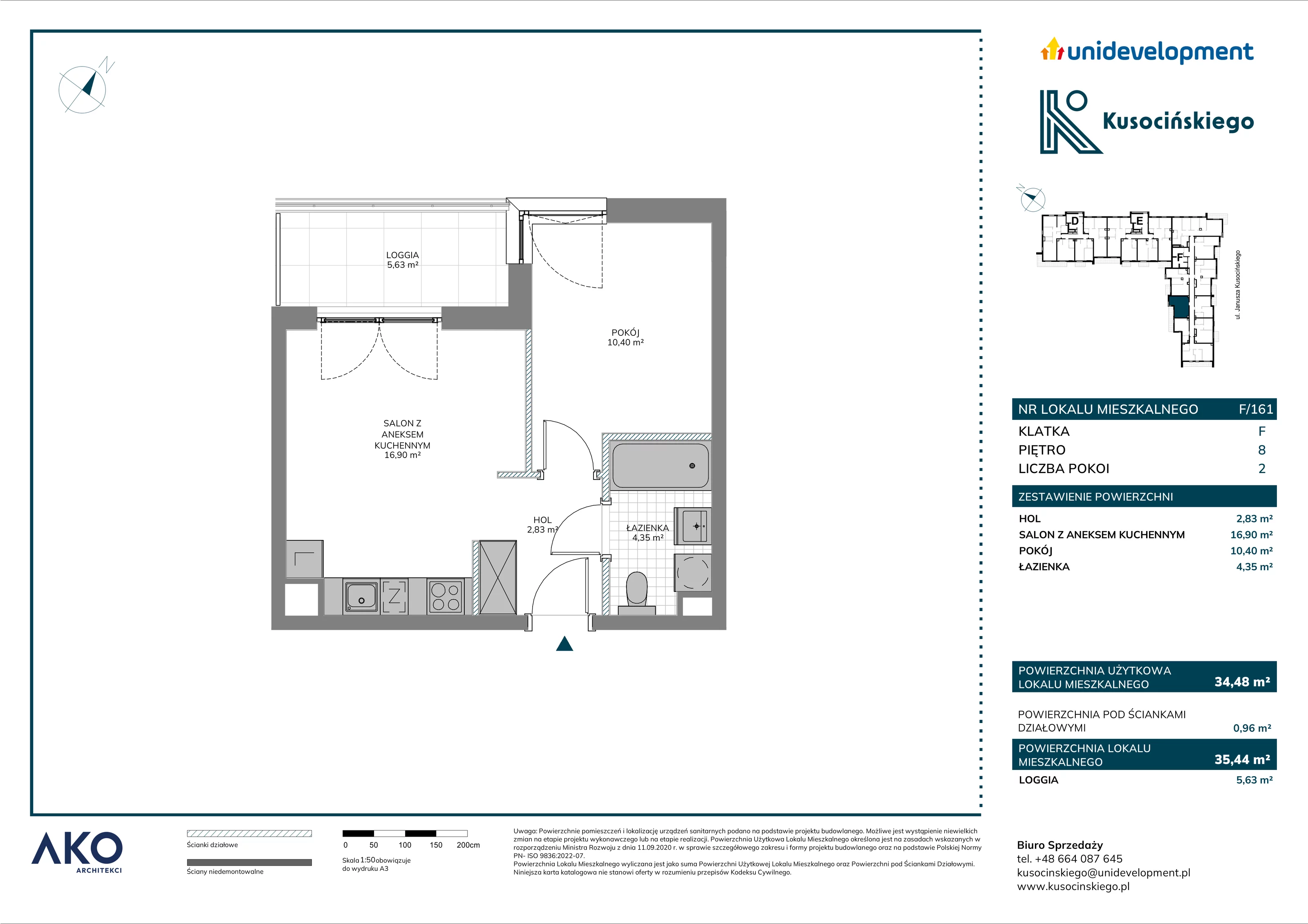 2 pokoje, mieszkanie 35,44 m², piętro 8, oferta nr F/161, Kusocińskiego budynek B, Gdańsk, Piecki-Migowo, Morena, ul. Kusocińskiego