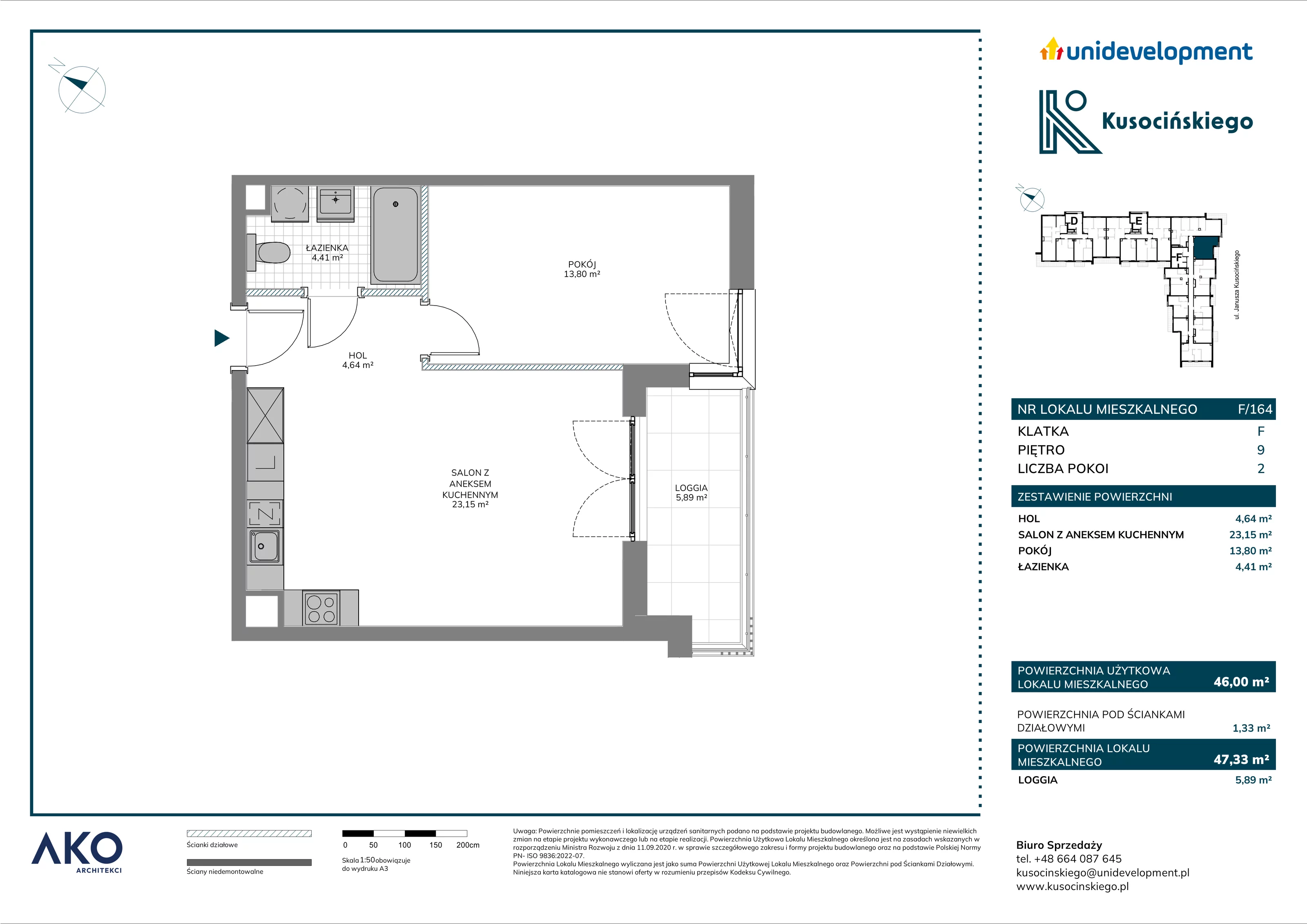 2 pokoje, mieszkanie 47,33 m², piętro 9, oferta nr F/164, Kusocińskiego budynek B, Gdańsk, Piecki-Migowo, Morena, ul. Kusocińskiego