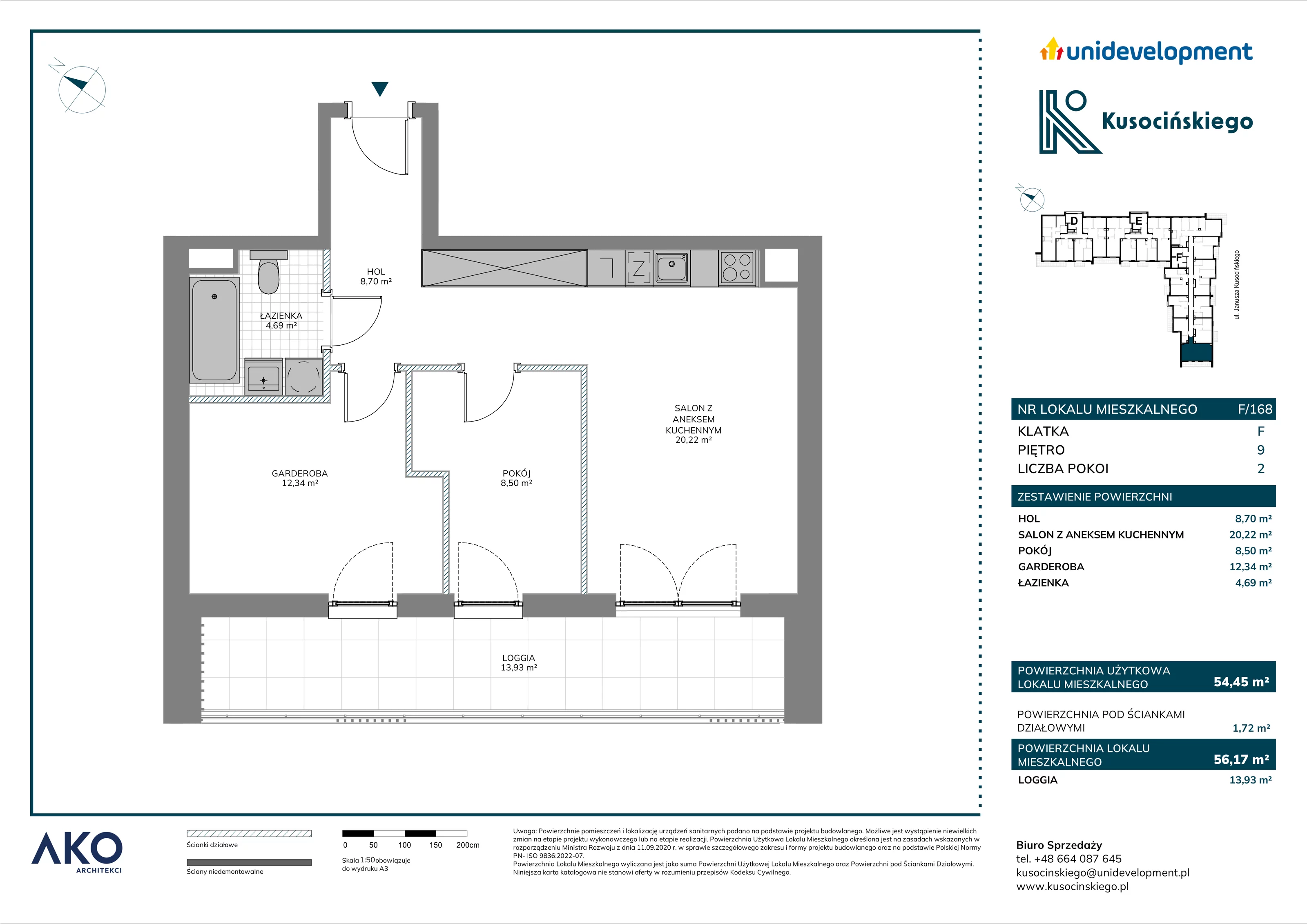 2 pokoje, mieszkanie 56,17 m², piętro 9, oferta nr F/168, Kusocińskiego budynek B, Gdańsk, Piecki-Migowo, Morena, ul. Kusocińskiego