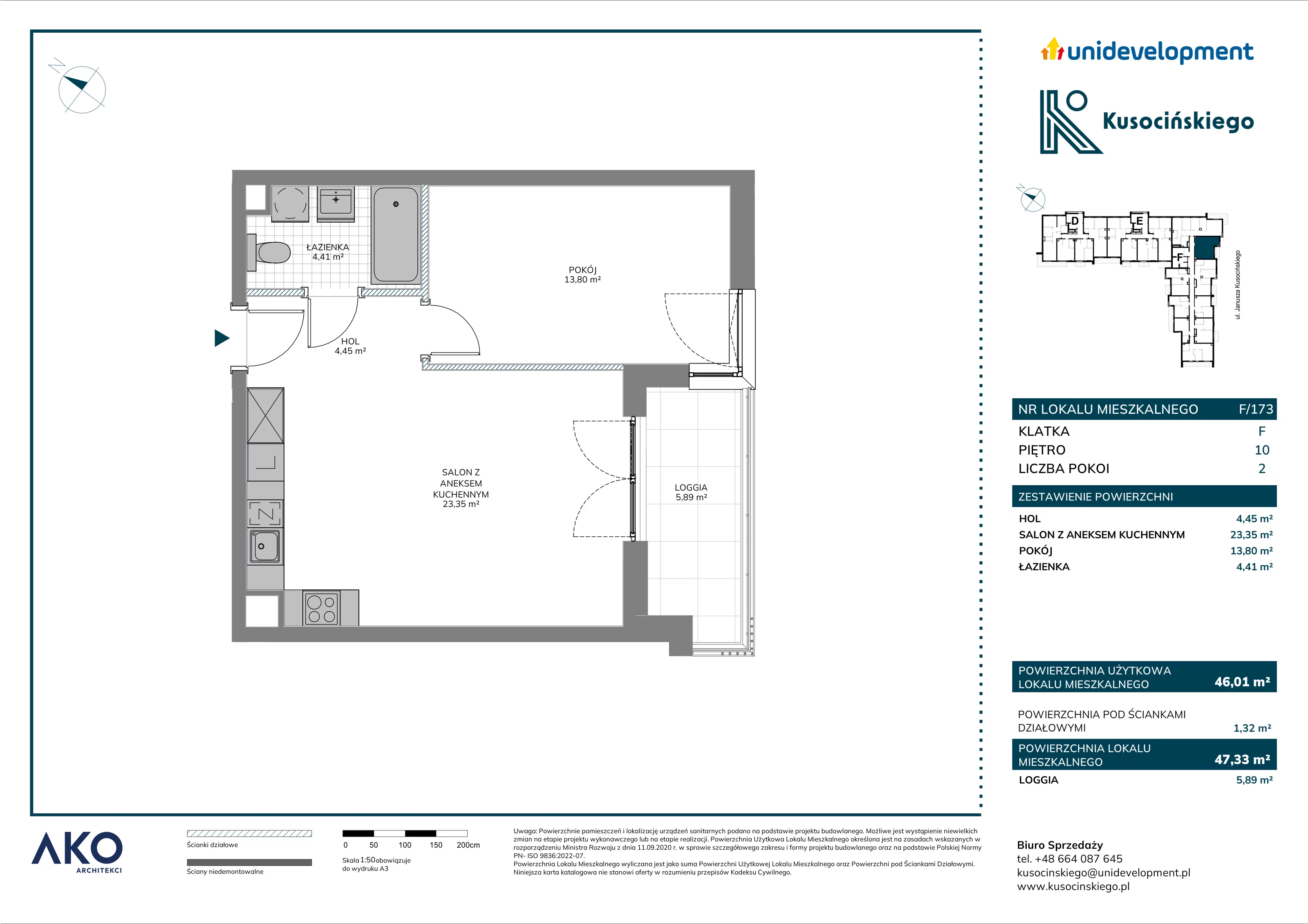 2 pokoje, mieszkanie 47,33 m², piętro 10, oferta nr F/173, Kusocińskiego budynek B, Gdańsk, Piecki-Migowo, Morena, ul. Kusocińskiego