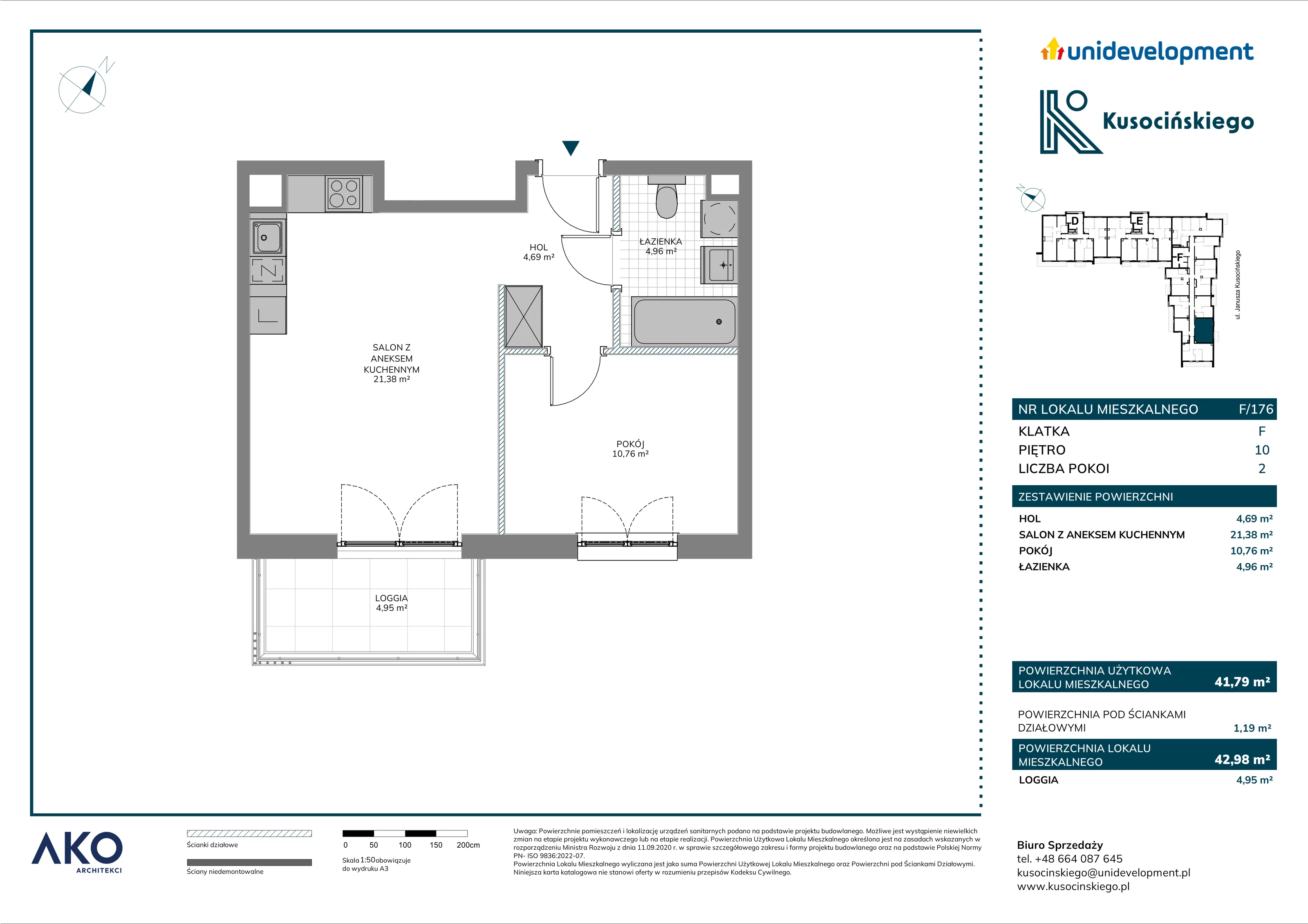 2 pokoje, mieszkanie 42,98 m², piętro 10, oferta nr F/176, Kusocińskiego budynek B, Gdańsk, Piecki-Migowo, Morena, ul. Kusocińskiego