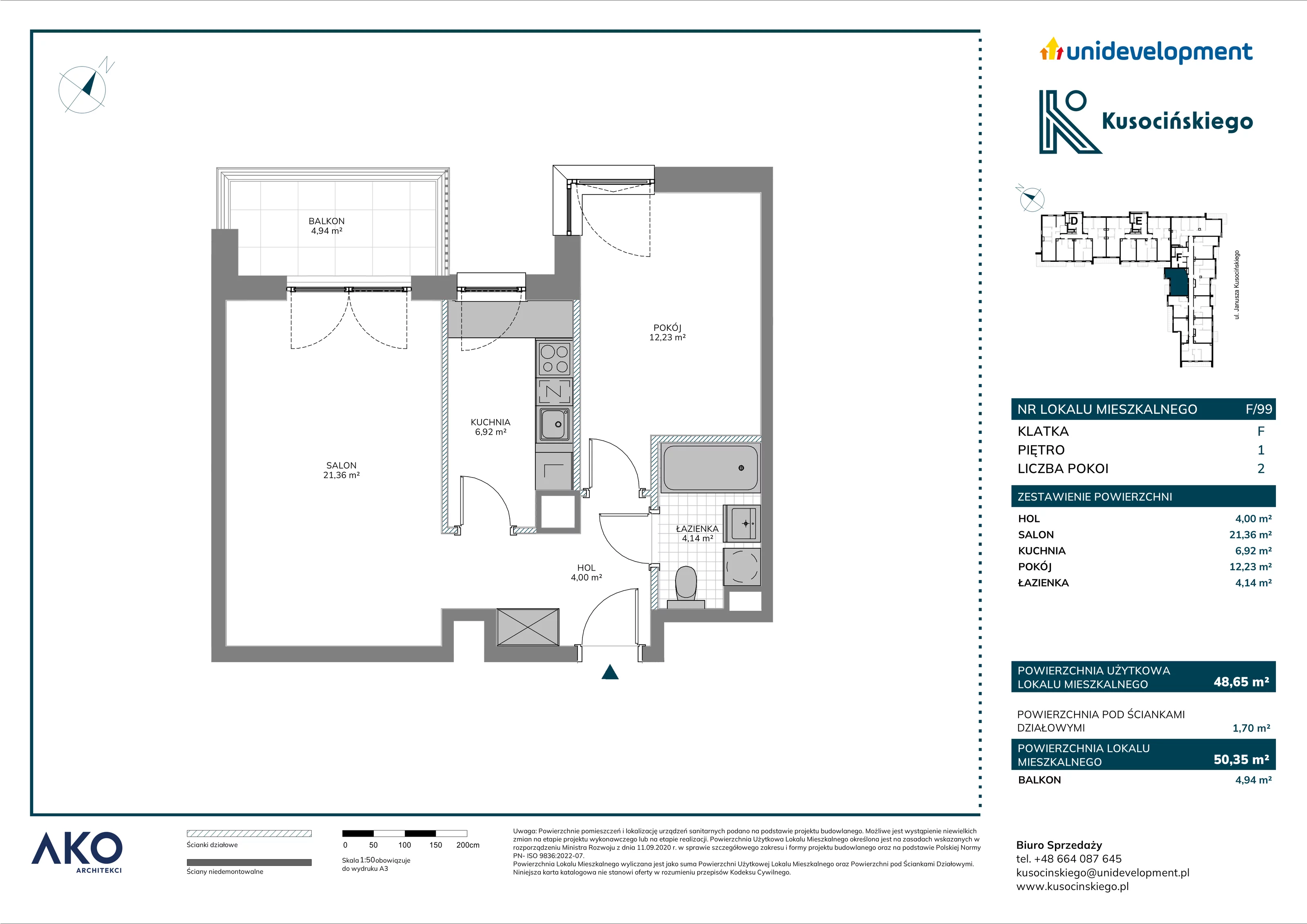 2 pokoje, mieszkanie 50,35 m², piętro 1, oferta nr F/99, Kusocińskiego budynek B, Gdańsk, Piecki-Migowo, Morena, ul. Kusocińskiego