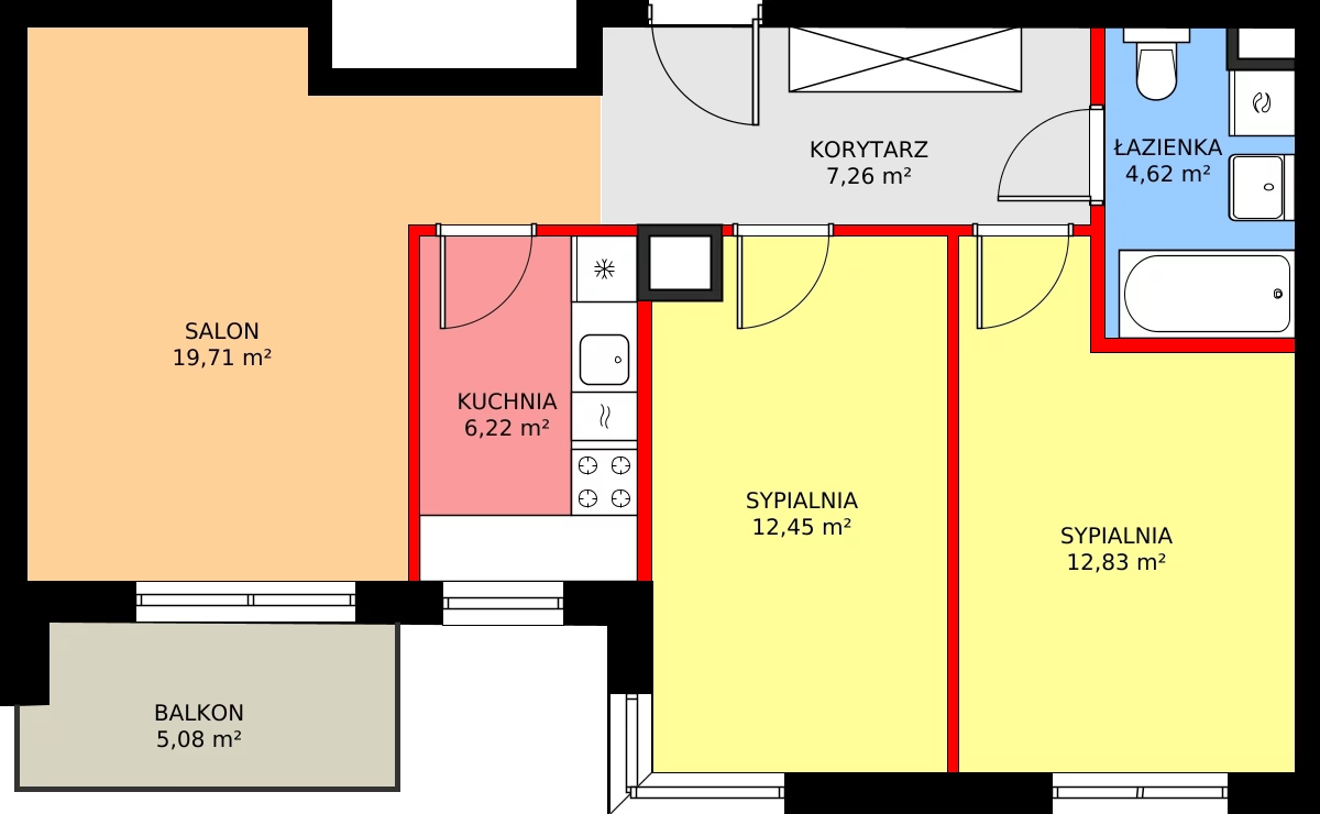 3 pokoje, mieszkanie 65,31 m², piętro 2, oferta nr F/102, Kusocińskiego budynek B, Gdańsk, Piecki-Migowo, Morena, ul. Kusocińskiego