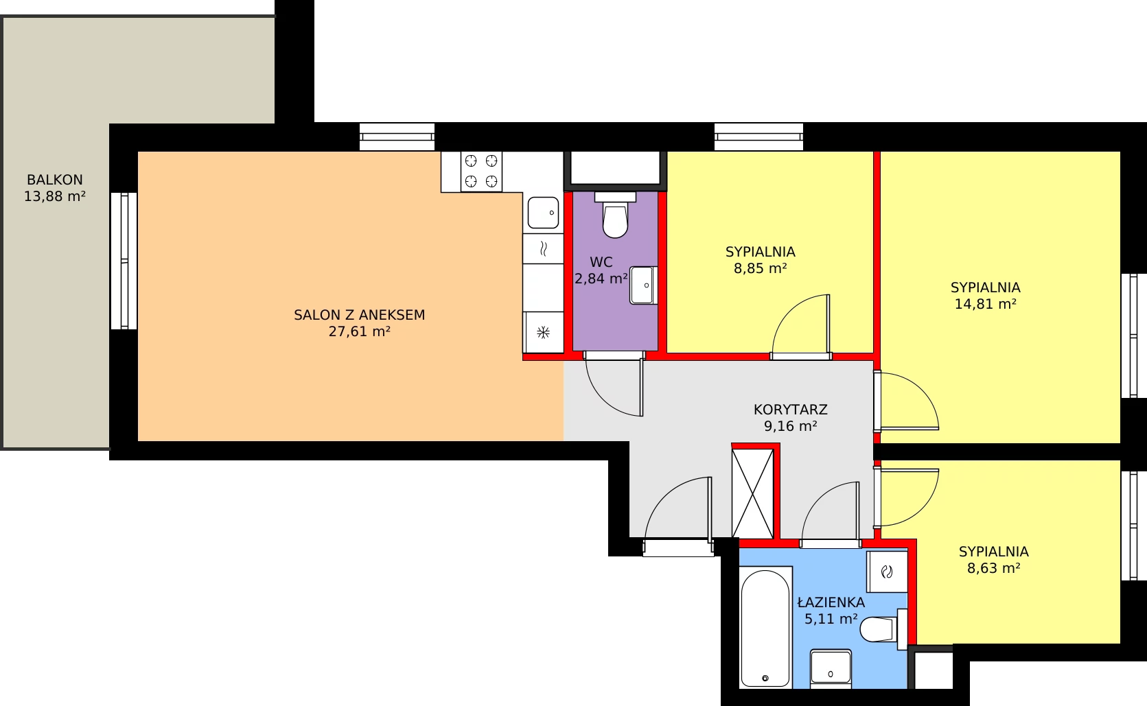 4 pokoje, mieszkanie 79,54 m², piętro 3, oferta nr D/12, Kusocińskiego budynek B, Gdańsk, Piecki-Migowo, Morena, ul. Kusocińskiego