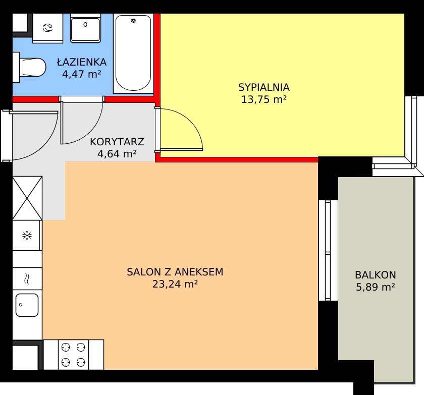 2 pokoje, mieszkanie 47,17 m², piętro 2, oferta nr F/101, Kusocińskiego budynek B, Gdańsk, Piecki-Migowo, Morena, ul. Kusocińskiego