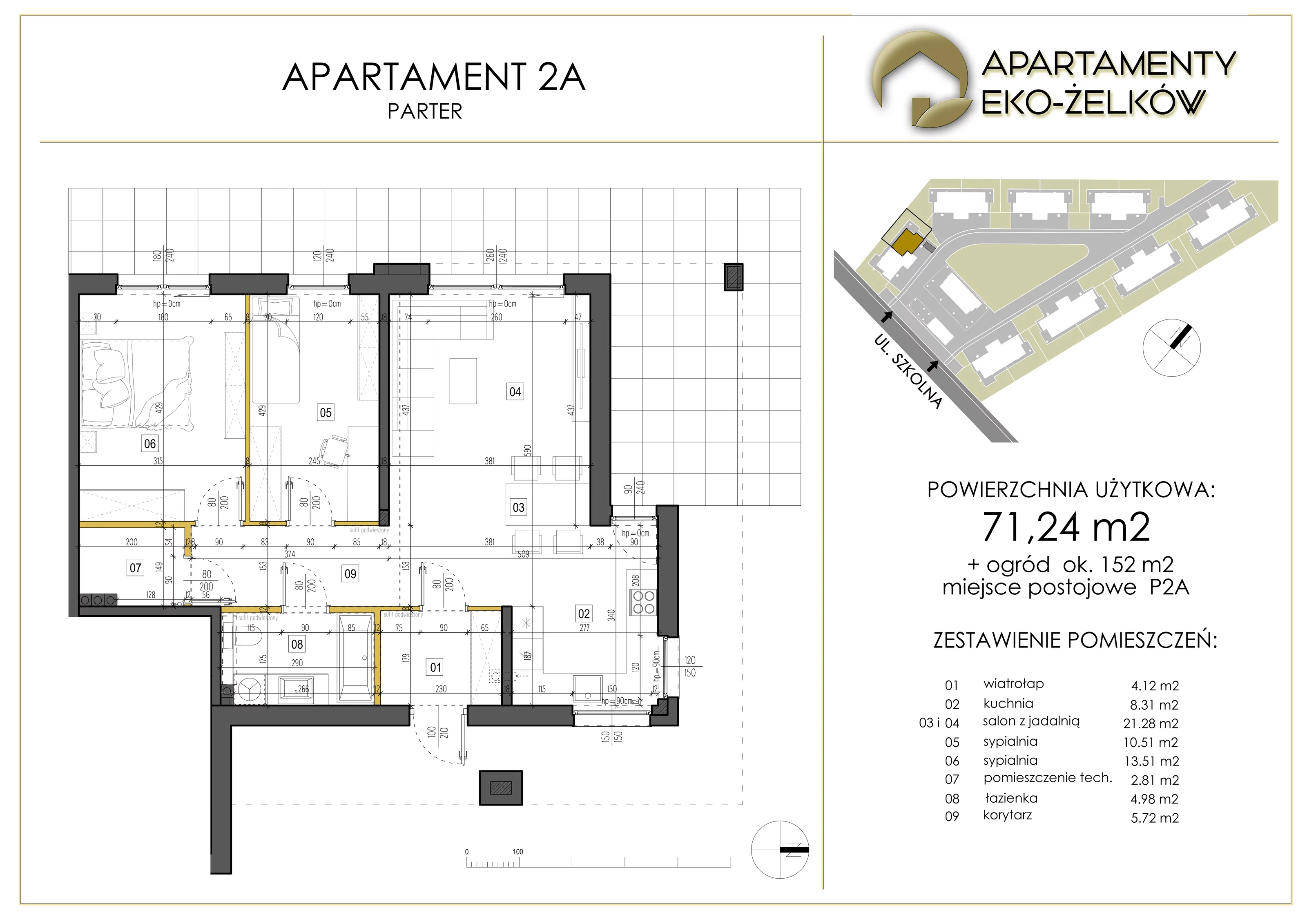 3 pokoje, apartament 71,24 m², parter, oferta nr 2A, Apartamenty Eko-Żelków, Żelków-Kolonia, ul. Szkolna 