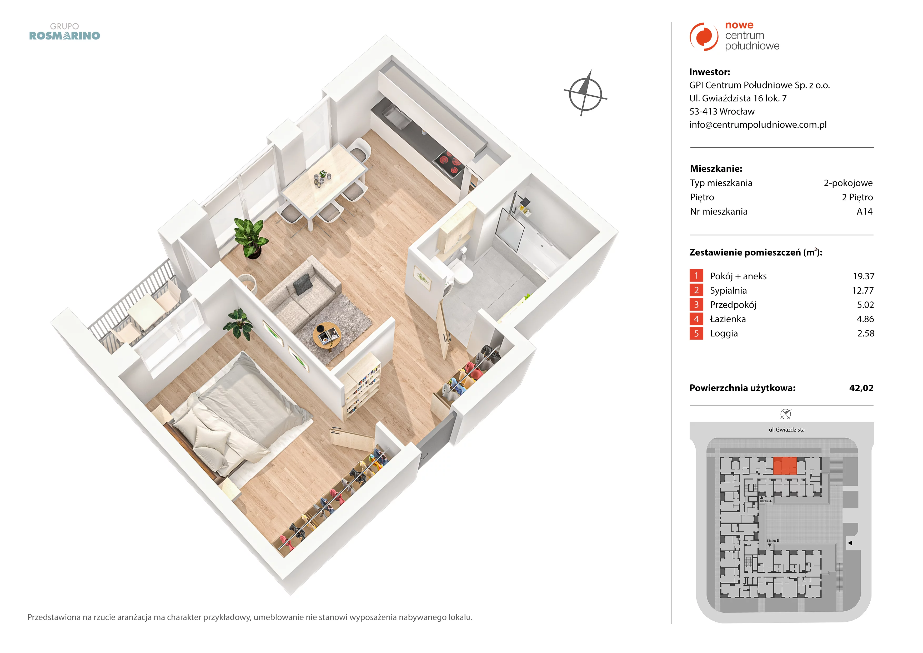 2 pokoje, mieszkanie 42,02 m², piętro 2, oferta nr A14, Nowe Centrum Południowe IV, Wrocław, Powstańców Śląskich (Południe), ul. Gwiaździsta 18/22