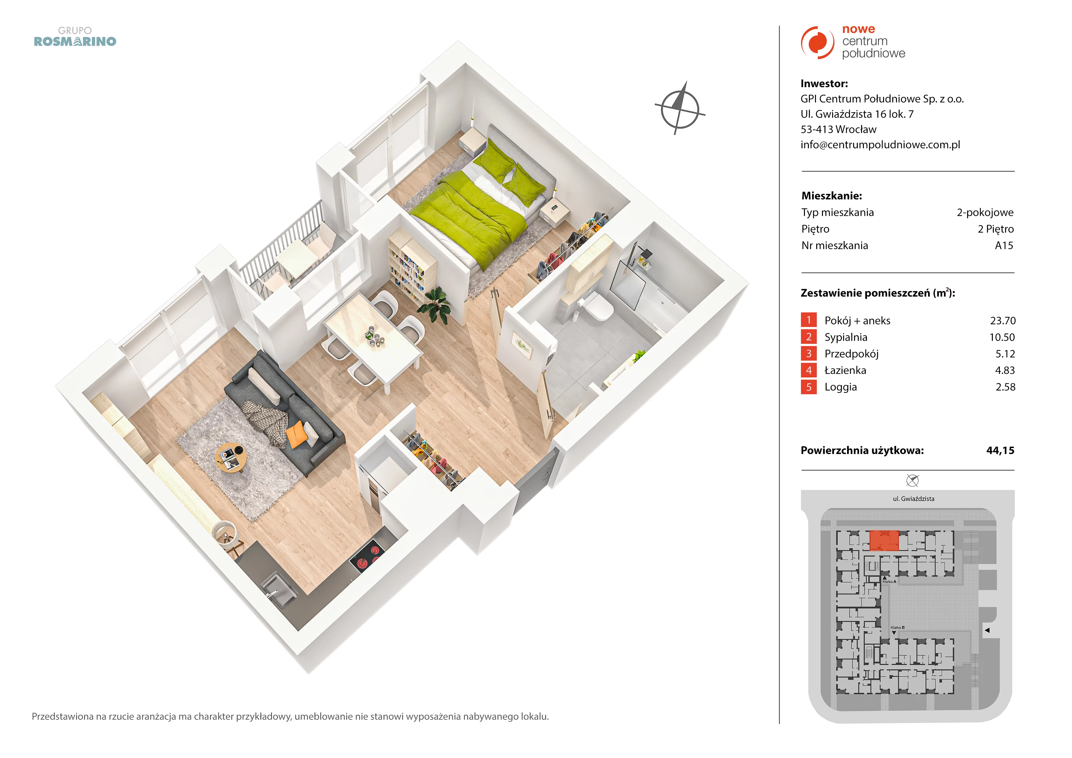 Mieszkanie 44,15 m², piętro 2, oferta nr A15, Nowe Centrum Południowe IV, Wrocław, Powstańców Śląskich (Południe), ul. Gwiaździsta 18/22