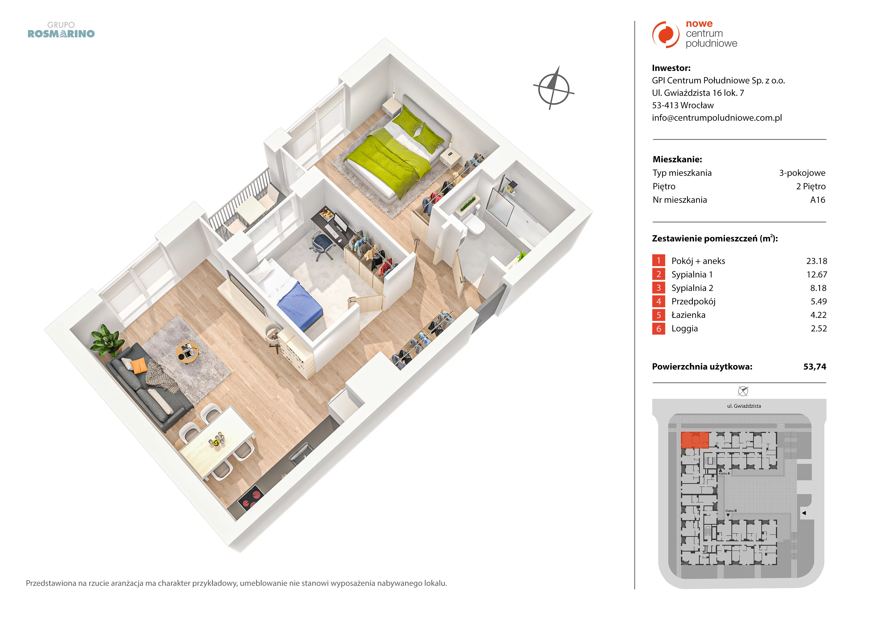 Mieszkanie 53,74 m², piętro 2, oferta nr A16, Nowe Centrum Południowe IV, Wrocław, Powstańców Śląskich (Południe), ul. Gwiaździsta 18/22