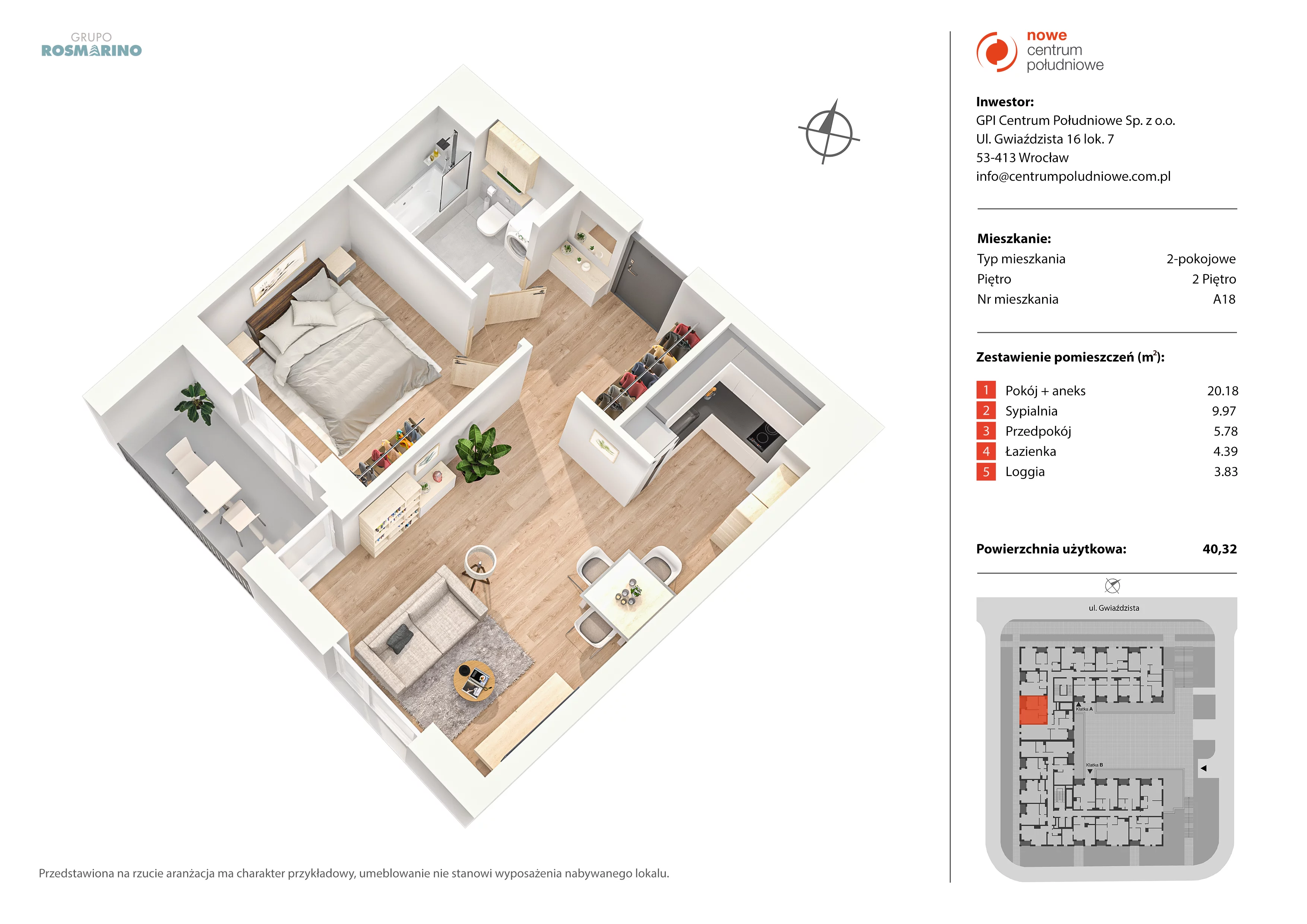 Mieszkanie 40,32 m², piętro 2, oferta nr A18, Nowe Centrum Południowe IV, Wrocław, Powstańców Śląskich (Południe), ul. Gwiaździsta 18/22