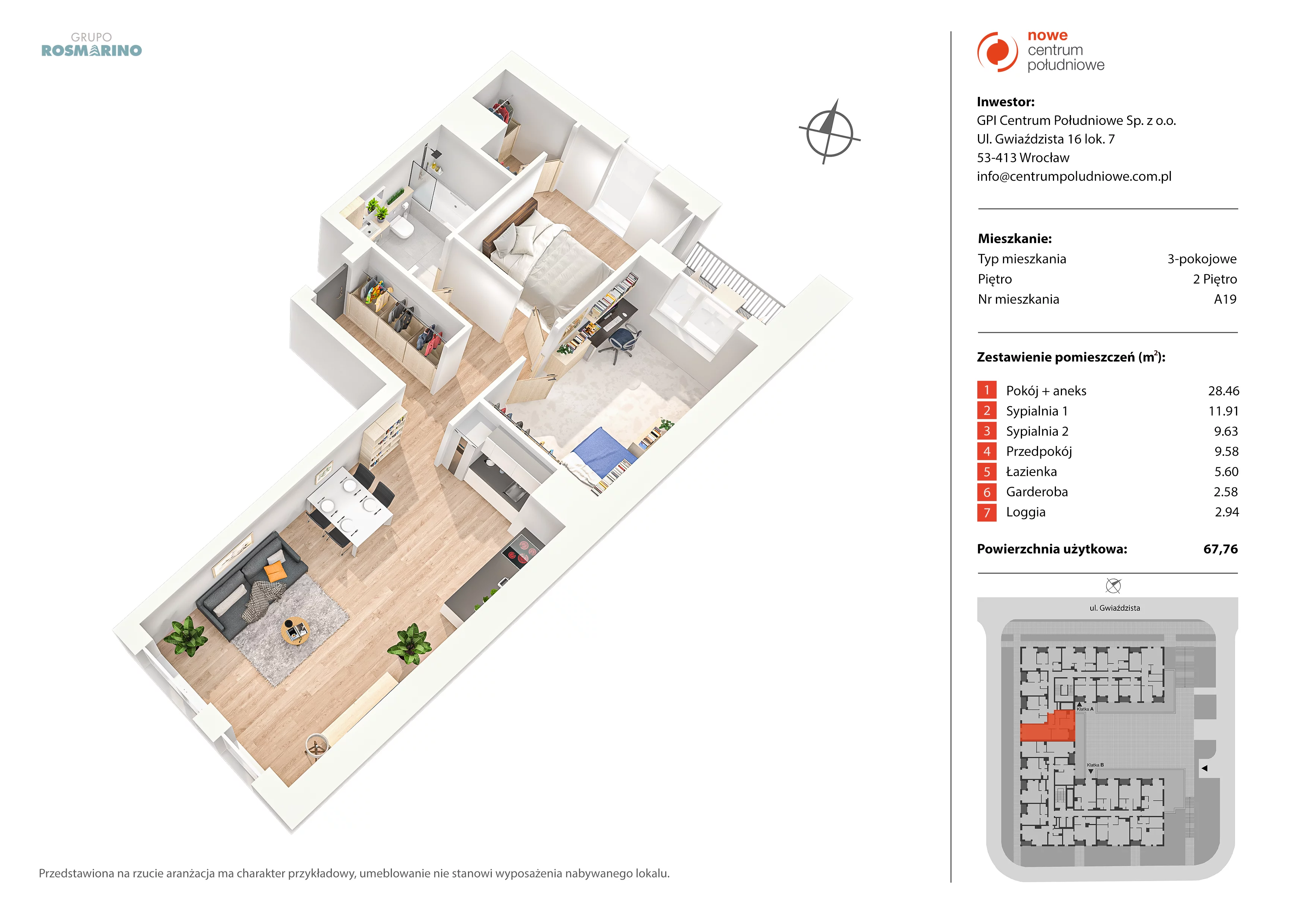 Mieszkanie 67,76 m², piętro 2, oferta nr A19, Nowe Centrum Południowe IV, Wrocław, Powstańców Śląskich (Południe), ul. Gwiaździsta 18/22