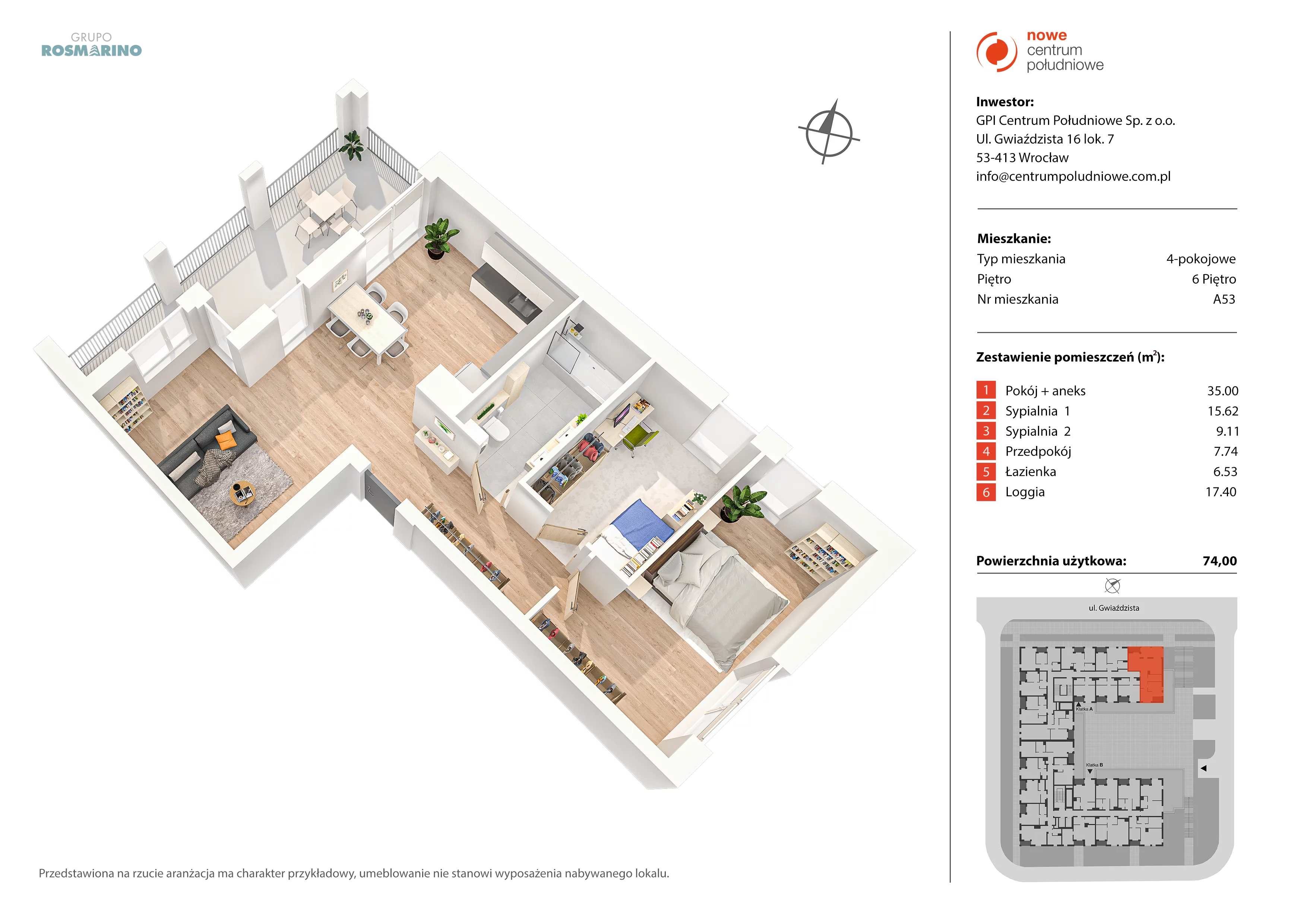 Mieszkanie 74,00 m², piętro 6, oferta nr A53, Nowe Centrum Południowe IV, Wrocław, Powstańców Śląskich (Południe), ul. Gwiaździsta 18/22