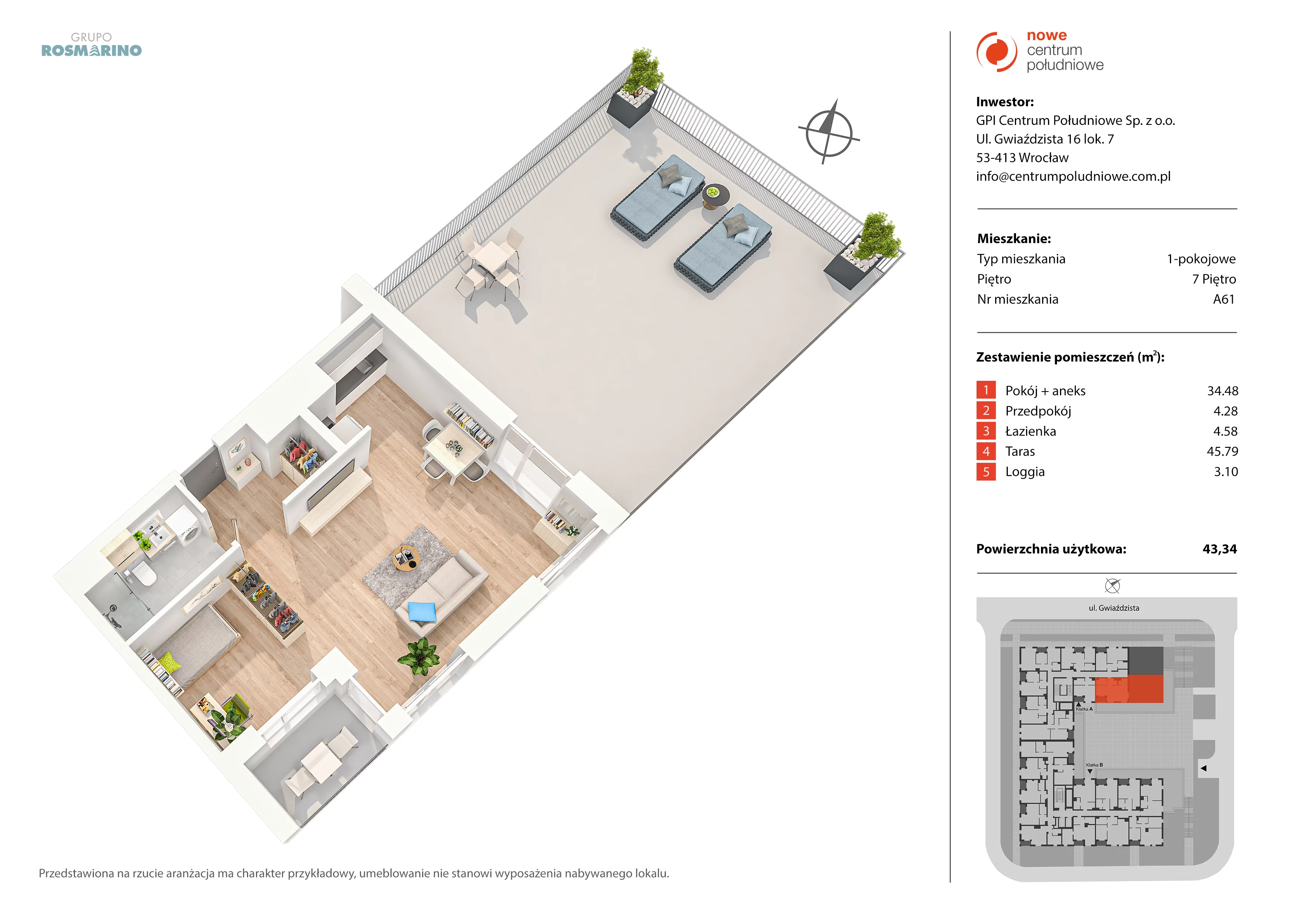 Mieszkanie 43,34 m², piętro 7, oferta nr A61, Nowe Centrum Południowe IV, Wrocław, Powstańców Śląskich (Południe), ul. Gwiaździsta 18/22