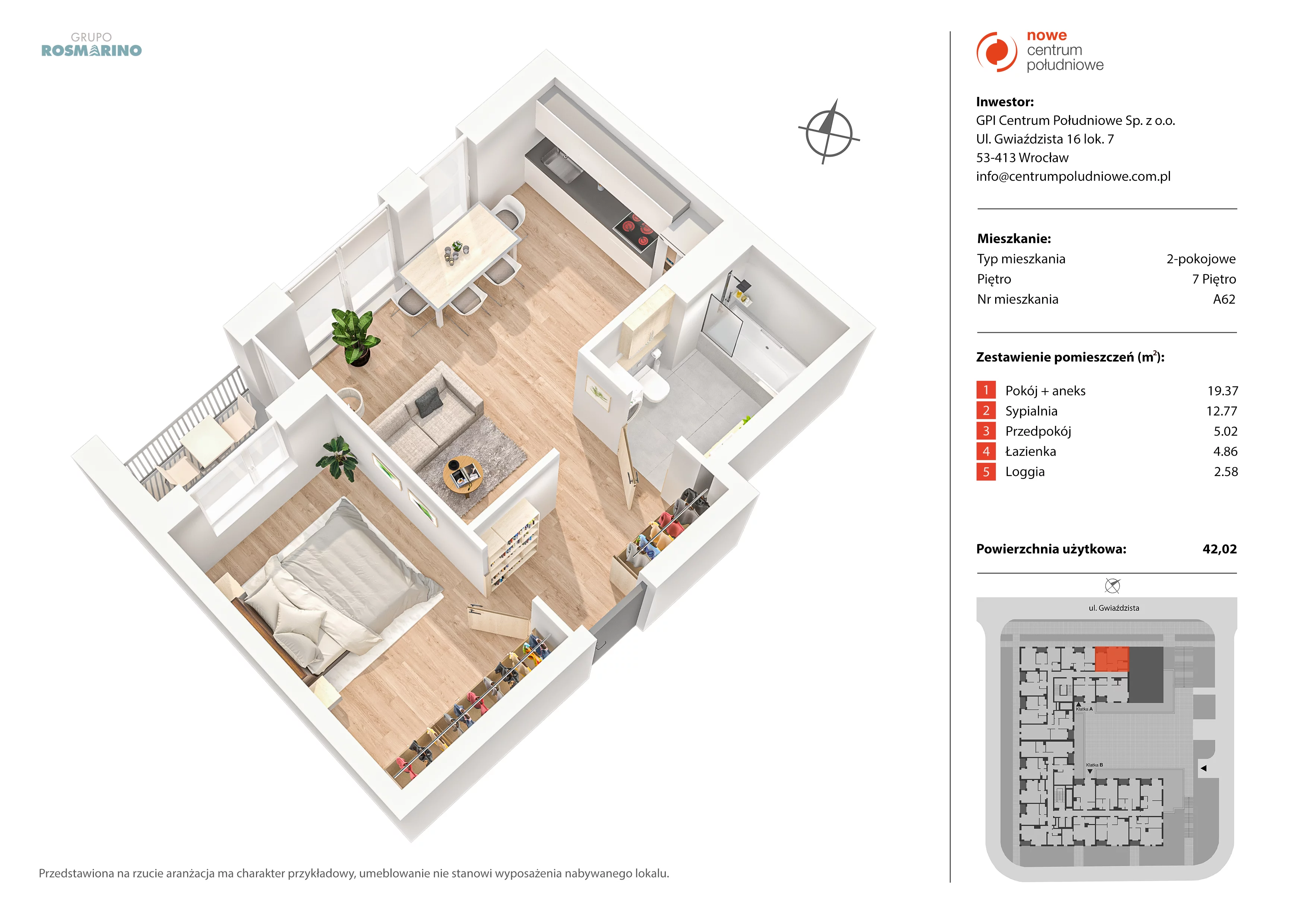 Mieszkanie 42,02 m², piętro 7, oferta nr A62, Nowe Centrum Południowe IV, Wrocław, Powstańców Śląskich (Południe), ul. Gwiaździsta 18/22