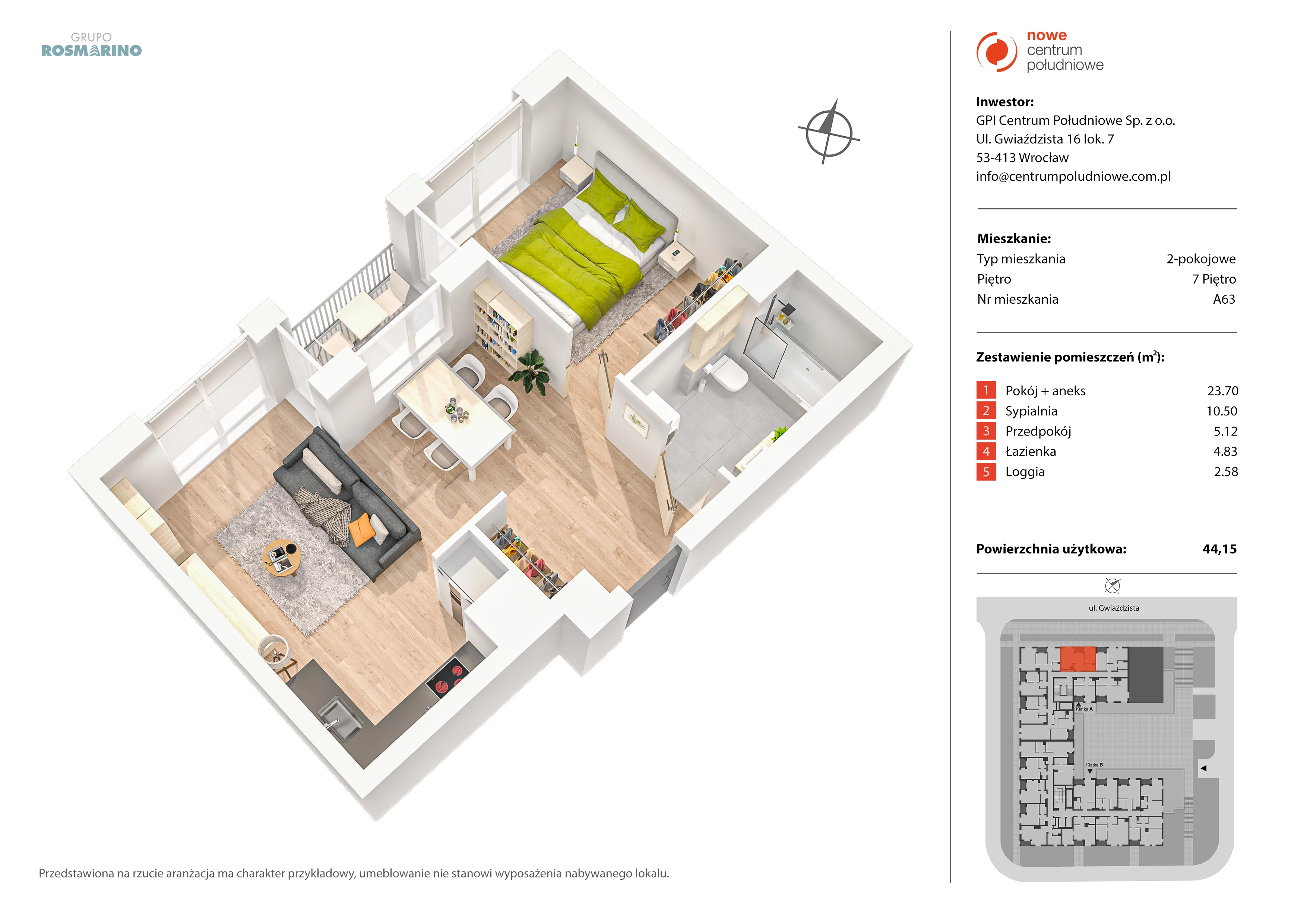 Mieszkanie 44,15 m², piętro 7, oferta nr A63, Nowe Centrum Południowe IV, Wrocław, Powstańców Śląskich (Południe), ul. Gwiaździsta 18/22