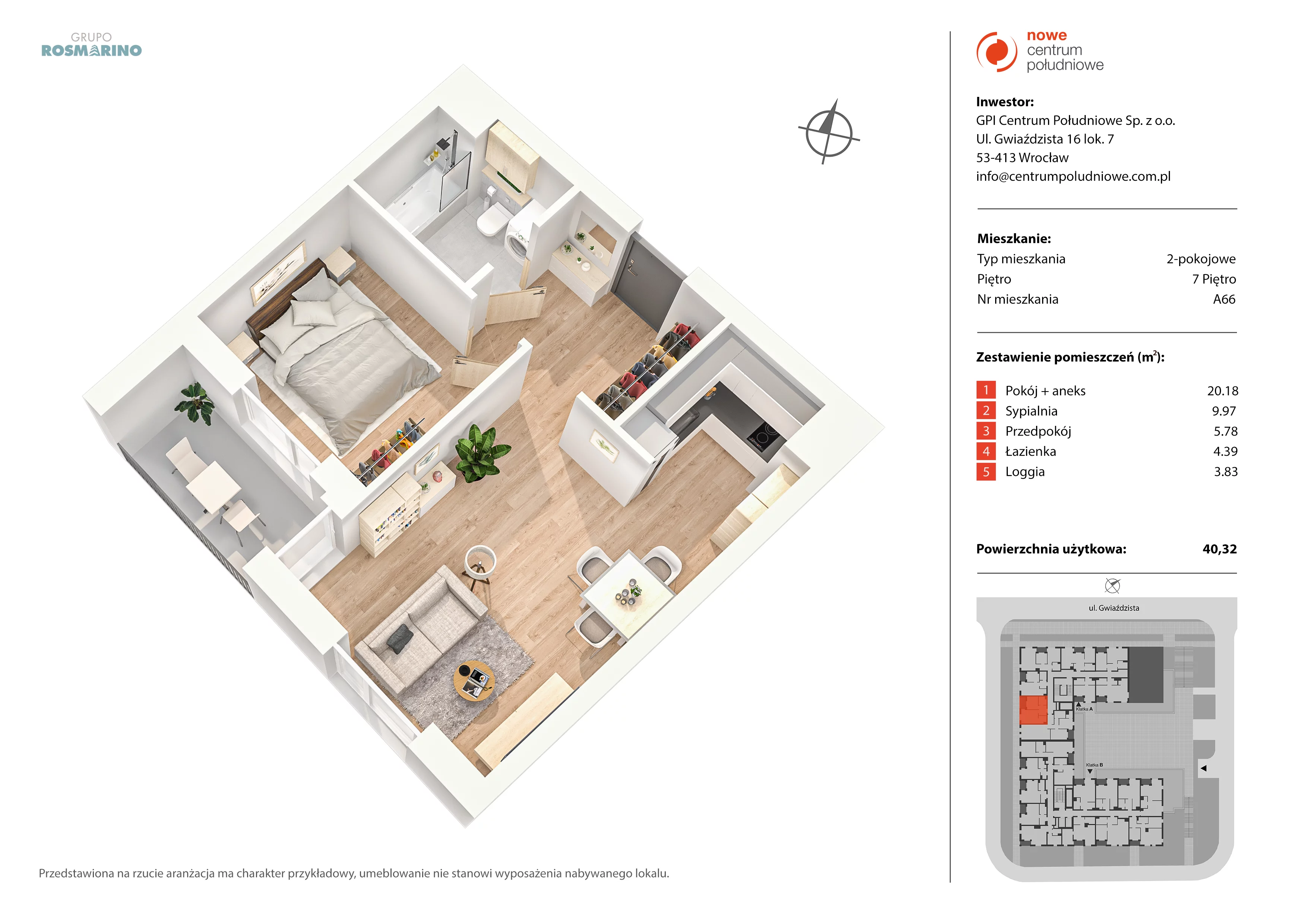 Mieszkanie 40,32 m², piętro 7, oferta nr A66, Nowe Centrum Południowe IV, Wrocław, Powstańców Śląskich (Południe), ul. Gwiaździsta 18/22