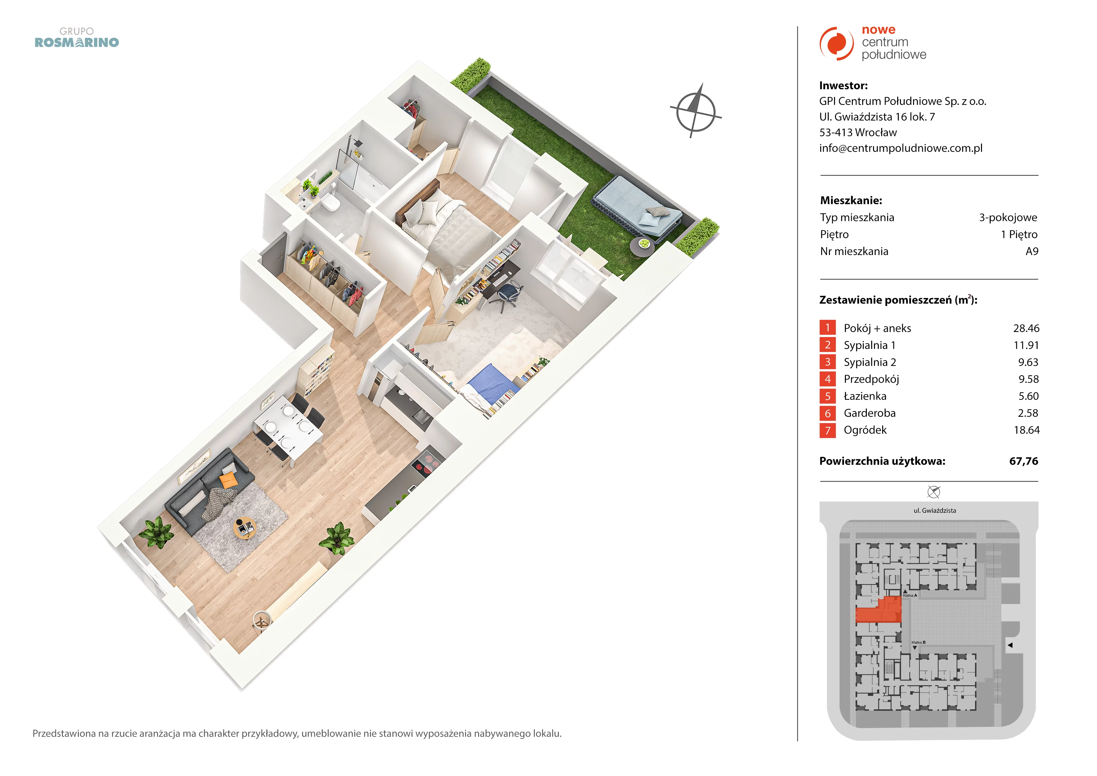 3 pokoje, mieszkanie 67,76 m², piętro 1, oferta nr A9, Nowe Centrum Południowe IV, Wrocław, Powstańców Śląskich (Południe), ul. Gwiaździsta 18/22