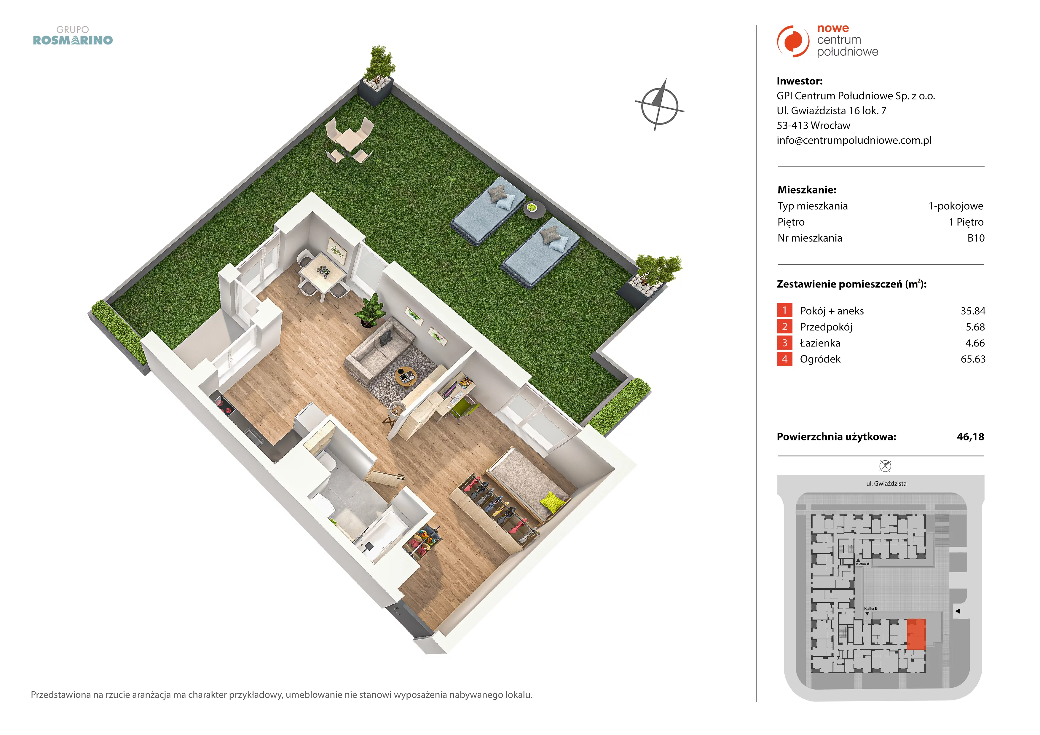 Mieszkanie 46,18 m², piętro 1, oferta nr B10, Nowe Centrum Południowe IV, Wrocław, Powstańców Śląskich (Południe), ul. Gwiaździsta 18/22-idx