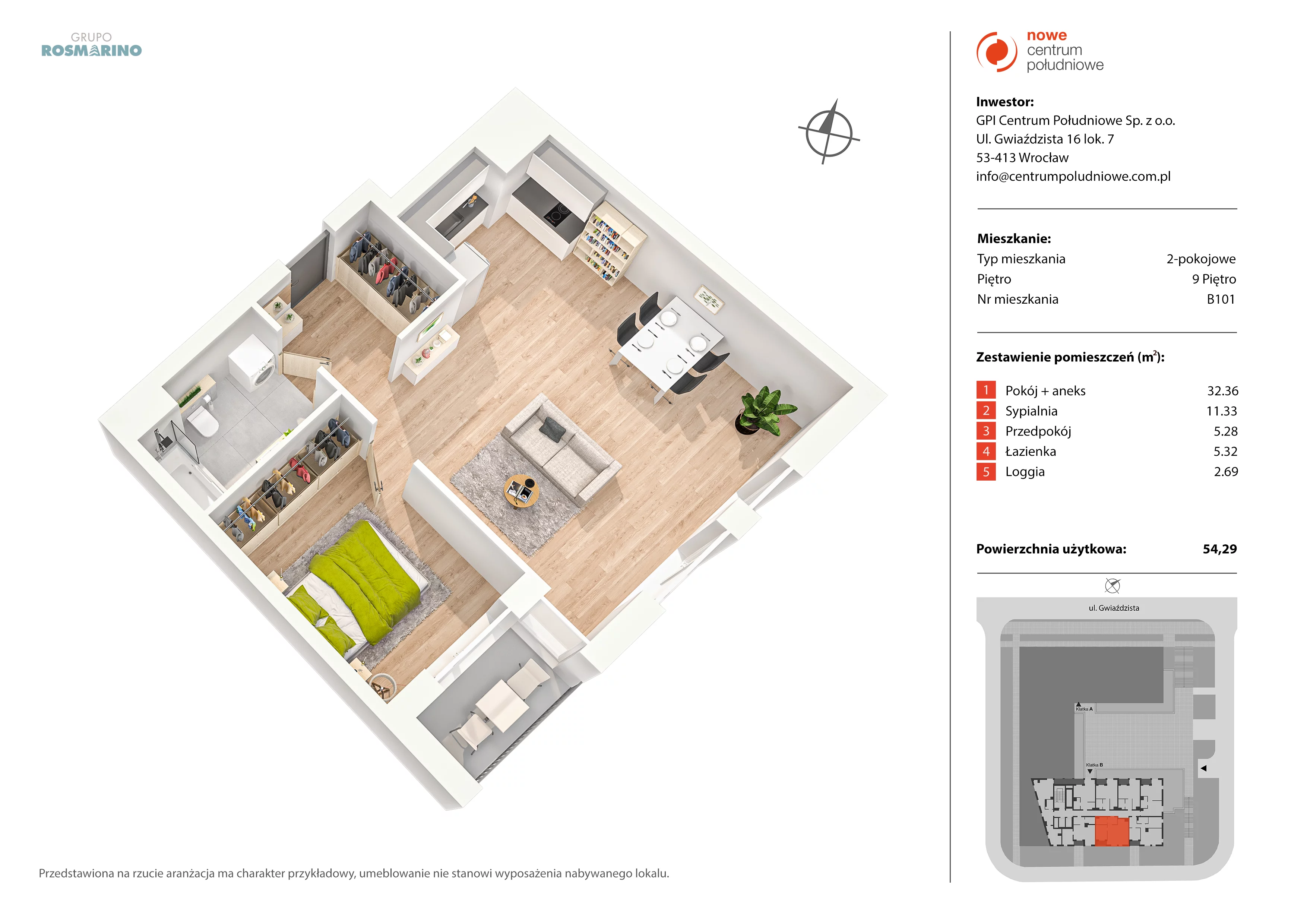 Mieszkanie 54,29 m², piętro 9, oferta nr B101, Nowe Centrum Południowe IV, Wrocław, Powstańców Śląskich (Południe), ul. Gwiaździsta 18/22