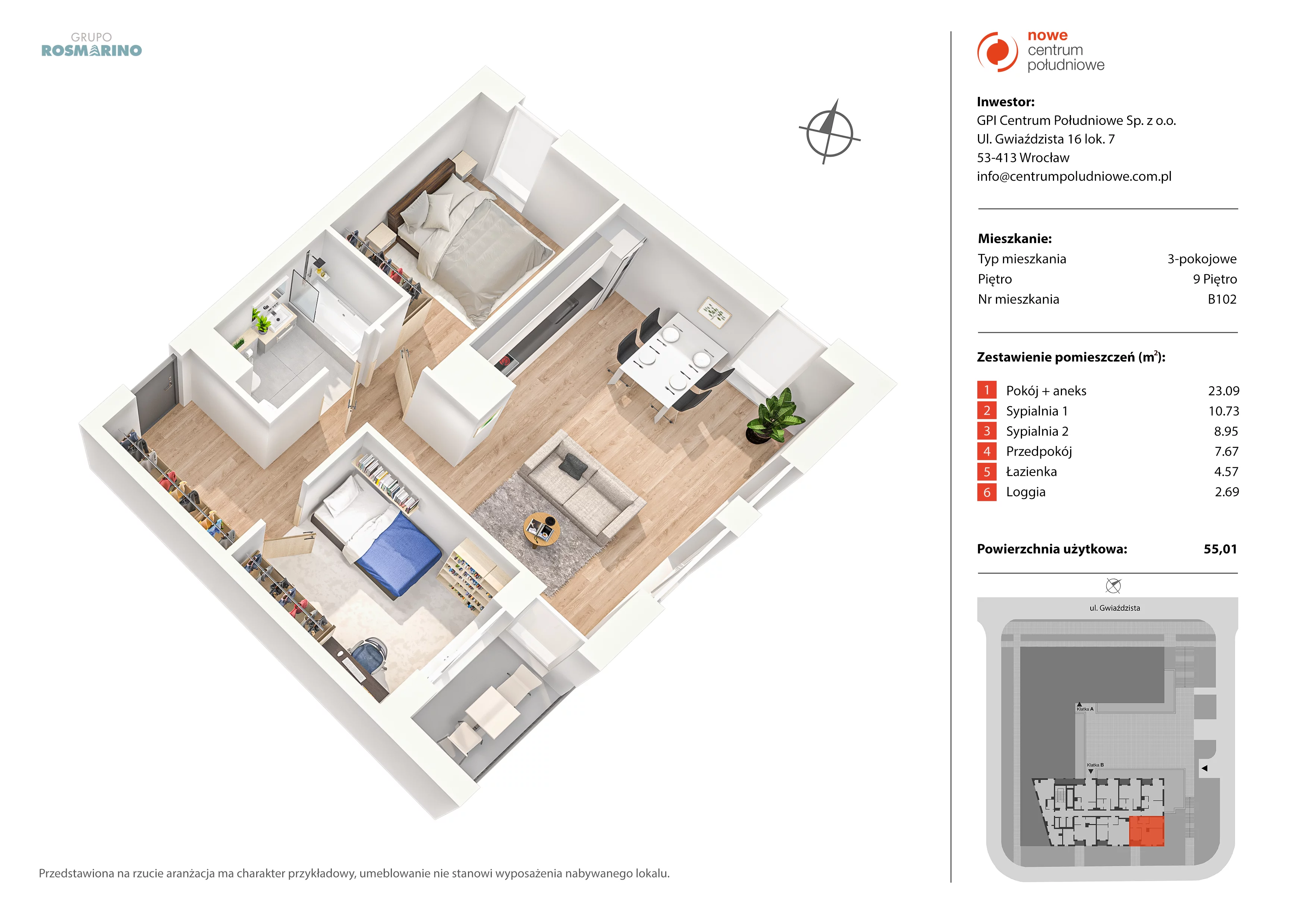 3 pokoje, mieszkanie 55,01 m², piętro 9, oferta nr B102, Nowe Centrum Południowe IV, Wrocław, Powstańców Śląskich (Południe), ul. Gwiaździsta 18/22