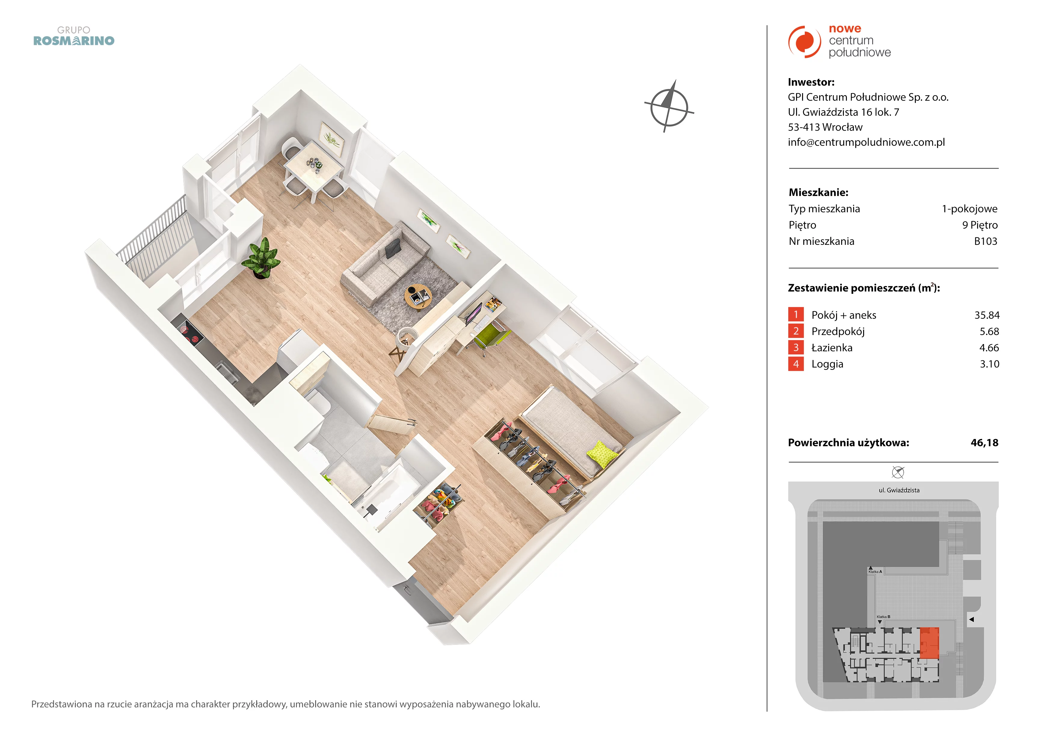 Mieszkanie 46,18 m², piętro 9, oferta nr B103, Nowe Centrum Południowe IV, Wrocław, Powstańców Śląskich (Południe), ul. Gwiaździsta 18/22